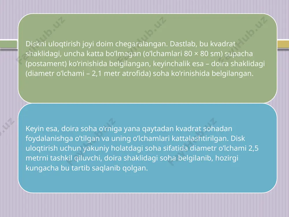 47,58 metr natija bilan qayd qilingan (dj. dunkan, aqsh); ayollar o’rtasida esa – 1936 yilda dunyo rekordchisi sifatida g.mauermauer (germaniya) 48,31 metr natija bilan qayd qilingan. disk uloqtirish bo’yicha dunyo rekordi uzoq vaqt davomida aqshlik sportchilar qo’lida saqlangan, ayniqsa bu holat urushdan keyingi davrda yaqqol kuzatilgan. disk uloqtirish bo’yicha texnikani takomillashtirishda sezilarli faollik ko’rsatgan sportchilar sifatida f.gordiyen, r.babka, d.silvestr, a.orter, m.uilkins kabilar ko’rsatib o’tiladi. shuningdek, ushbu o’rinda l.danek (sobiq chexoslovakiya), r.brux (shvestiya), v.shmidt (gdr), v.trusenev va yu.dumchev (sobiq ittifoq) kabi sportchilarni qayd qilib o’tish mumkin. dunyo miqyosida disk uloqtirish bo’yicha kuchli sportchilar orasida yengil atletikaning ushbu turining rivojlanishiga n.dumbadze, n.ponomareva, t.press, f.melnik (sobiq ittifoq); k.shilberg, e.yaal (gdr); a.menis (ruminiya); z.shilxava (sobiq chexoslovakiya) kabi sportchilar sezilarli hissa qo’shishgan. hozirgi vaqtda disk uloqtirish bo’yicha erkaklar o’rtasida dunyo rekordi gdrlik yurgen shultga tegishli bo’lib, 1986 yil, 74,08 m natija qayd etgan bo’lsa, ayollar o’rtasida dunyo rekordi gdrlik gabriela raynshga tegishli u 1988 yil, …