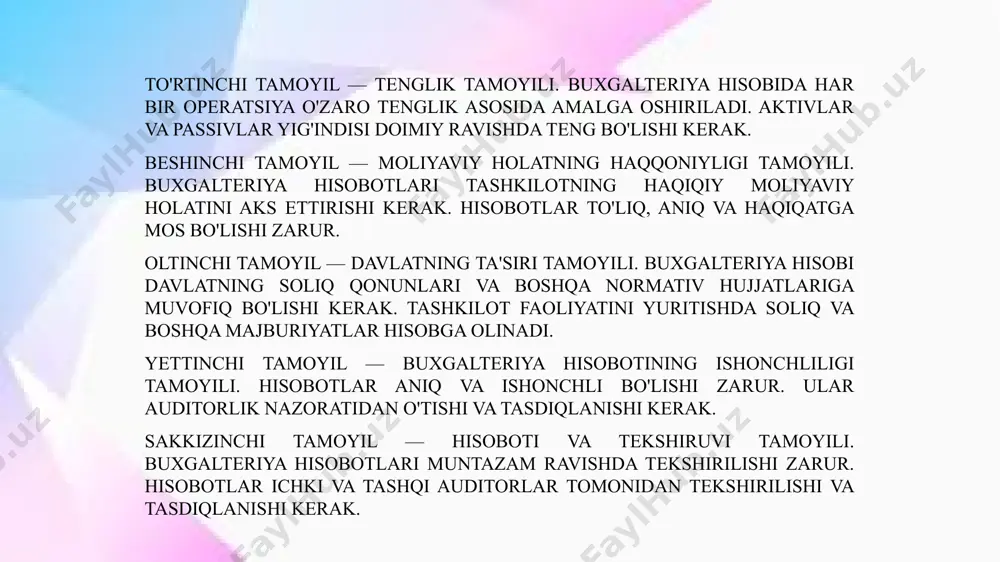 il qilish va hisobot berish jarayonlarida muhim ahamiyatga ega. buxgalteriya hisobining sub'ektlari – bu bankning moliyaviy faoliyatini yurituvchi va nazorat qiluvchi shaxslar yoki tashkilotlardir. bankda bu vazifalarni quyidagi sub'ektlar amalga oshiradi: buxgalteriya xodimlari – bankning buxgalteriya hisobini yurituvchi va nazorat qiluvchi mutaxassislar. ular barcha moliyaviy operatsiyalarni qayd etish, to‘g‘ri hisobotlarni tayyorlash, soliqlarni hisoblash va auditni tashkil qilish kabi vazifalarni bajaradilar. bankning rahbariyati – bankning yuqori boshqaruv organlari buxgalteriya hisobining to‘g‘ri yuritilishi va barcha moliyaviy jarayonlarning qonuniyligini ta'minlash uchun javobgardirlar. ular buxgalteriya xodimlariga kerakli yo‘riqnomalar va ko‘rsatmalarni beradi. audit bo‘limi – bankda ichki auditorlar buxgalteriya hisobining aniqligi va to‘g‘riligini tekshiradi. auditorlar moliyaviy hisobotlar va operatsiyalarni nazorat qilib, bankning faoliyatini tekshiruvdan o‘tkazadilar. regulyatorlar va nazorat organlari – markaziy bank va boshqa tegishli tashkilotlar banklarning buxgalteriya hisobini va moliyaviy operatsiyalarini nazorat qiladilar. ular banklar tomonidan belgilangan huquqiy normalar va qoidalarga rioya qilishni ta'minlaydilar. buxgalteriya hisobining ob'ektlari – bu bankda amalga oshiriladigan moliyaviy operatsiyalar …