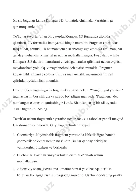yuzaki. bu erda ekstruzion sirtini, aylanish, mavjud sirtni ko'rsatish yoki uni bir qator to'siqlardan yaratish, tuzatish va boshqa shunga o'xshash operatsiyalarni belgilashingiz mumkin. arrays foydalanuvchining egri chiziqlari qatorini to'g'ridan-to'g'ri, o'zboshimchalik bilan yoki boshqa yo'l bilan belgilashi mumkin. keyinchalik, bu qator avvalgi menyu elementidagi sirtlarni aniqlash yoki ular haqida hisobotlarni yaratish uchun ishlatilishi mumkin. yordamchi geometriya. siz ikkita chegarada eksa chizishingiz, mavjud bo'lganlarga nisbatan ofset tekisligi yaratishingiz, mahalliy koordinatalar tizimini yaratishingiz yoki muayyan harakatlar amalga oshiriladigan hudud yaratishingiz mumkin. o'lchov va diagnostika. ushbu element bilan siz masofani, burchakni, chekka uzunligini, maydonini, massa markazlashishini va boshqa xususiyatlarini o'lchashingiz mumkin. filtrlar. foydalanuvchi jismlarni, doiralarni, samolyotlarni yoki boshqa elementlarni maxsus parametrlar yordamida filtriga qo'yishi mumkin. shartnoma. 3d modellar uchun mo'ljallangan ba'zi xususiyatlarga ega bo'lgan qismdagi kabi. hisobotlar. bizga ham tanish bo'lgan. dizayn elementlari. bu bir parcha yaratishda uchrashgan biz "o'lchovlar" deyarli bir xil element. ushbu element bilan masofani, burchakni, radiusli, diametrik va boshqa turdagi …