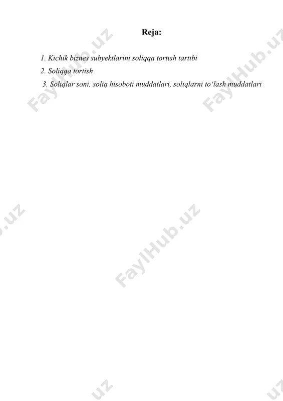 gan foyda solig’i; soliq kodeksining 207-moddasida nazarda tutilgan tartibda o’zbekiston respublikasining norezidentlari tomonidan bajariladigan (ko’rsatiladigan) ishlar (xizmatlar) bo’yicha qo’shilgan qiymat solig’i; agar soliq kodeksining 350-moddasida boshqacha qoida nazarda tutilmagan bo’lsa, aksiz to’lanadigan mahsulot ishlab chiqarishda solinadigan aksiz solig’i; agar soliq kodeksining 350-moddasida boshqacha qoida nazarda tutilmagan bo’lsa, yer qa’ridan foydalanuvchilar uchun soliqlar va maxsus to’lovlar; qonun hujjatlarida belgilangan ayrim turdagi mahsulotlarni ishlab chiqaruvchilar uchun suv resurslaridan foydalanganlik uchun soliq; bojxona to’lovlari; yagona ijtimoiy to’lov; davlat bojlari; tovarlarning ayrim turlari bilan chakana savdo qilish va ayrim turdagi xizmatlar ko’rsatish huquqi uchun yig’im; avtotransport vositalarini olganlik va (yoki) vaqtinchalik olib kirganlik uchun respublika yo’l jamg’armasiga yig’im. yagona soliq to’lovi quyidagi mikrofirmalar va kichik korxonalarga tatbiq etilmaydi: aksiz solig’i to’lanadigan mahsulot ishlab chiqarishni va yer qa’ridan foydalanganlik uchun soliq solinadigan foydali qazilmalarni qazib olishni amalga oshiruvchi mikrofirmalar va kichik korxonalarga, bundan maxsus pechlardan foydalangan holda energiya tejaydigan zamonaviy texnologiyalar asosida pishiq g’isht ishlab …