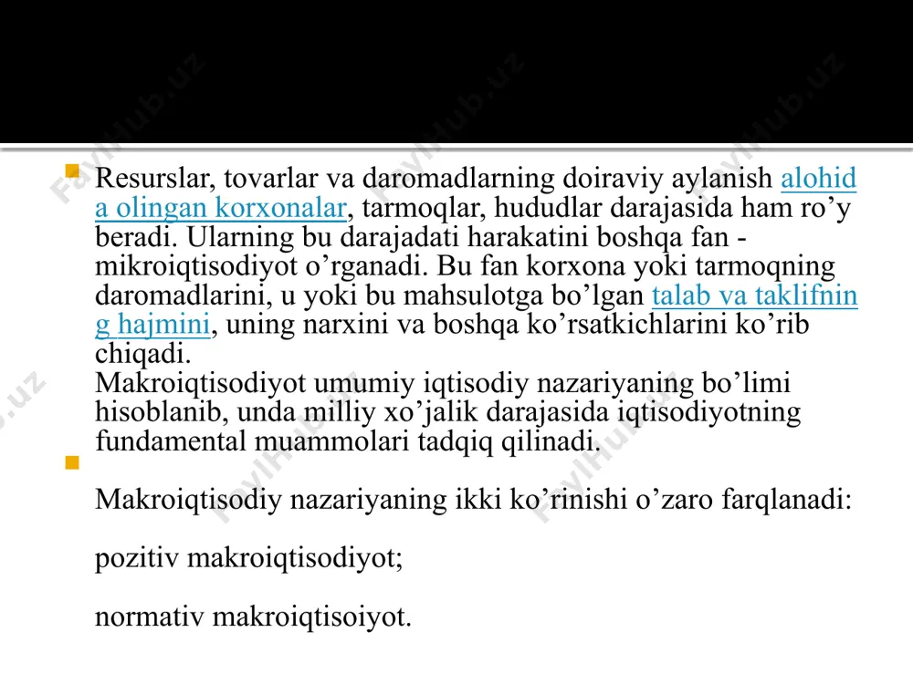 bo’lishi resurslar, tovarlar va xizmatlar oqimlari (ya’ni real oqim) bilan daromadlar va xarajatlar oqimlari ( ya’ni pul oqimlari) o’zaro teng bo’lishining asosiy shartidir yalpi xarajatlar hajmining oshishi ishlab chiqarish hajmlari va ish bilan bandlilik darajasining o’sishiga olib keladi . bu esa o’z navbatida yalpi daromadlarning oshishiga sabab bo’ladi. kattaroq hajmdagi yalpi daromadlar unga mos hajmdagi yalpi xarajatlarni belgilab beradi. sabab oqibat bog’lanishlari o’rin almashishi tufayli doiraviy oqimlar modeli doiraviy aylanish ko’rinishini oladi. iqtisodiyot barqaror rivojlanib borishi uchun yalpi xarajatlar to’xtovsiz o’sib borishi shart. bu vazifa byudjet-soliq siyosati vositalari bo’lgan soliqlarni hamda davlat xarajatlarini o’zgartirish hamda pul-kredit siyosati vositalari yordamida mul massasini o’zgartirish orqali bajariladi.