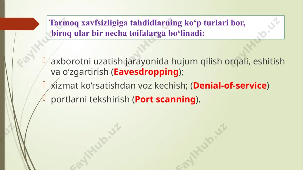 alanishiga to‘sqinlik qilishga urinadi. tez-tez bu hujumlar infratuzilma resurslarini xizmatga ruxsat so‘rovlari bilan to‘lib toshishi orqali amalga oshiriladi. bunday hujumlar alohida xostga yo‘naltirilgani kabi butun tarmoqqa ham yo‘naltirilishi mumkin. hujumni amalga oshirishdan oldin obyekt to‘liq o‘rganilib chiqiladi, ya’ni tarmoq hujumlariga qarshi qo‘llanilgan himoya vositalarining zaifligi yoki kamchliklari, qanday operatsion tizim o‘rnatilgan va obyekt ish faoliyatining eng yuqori bo‘lgan vaqti. quyidagilarni aniqlab va tekshirish natijalariga asoslanib, maxsus dastur yoziladi. keyingi bosqichda esa yaratilgan dastur katta mavqega ega bo‘lgan serverlarga yuboriladi. serverlar o‘z bazasidagi ro‘yxatdan o‘tgan foydalanuvchilarga yuboradi. dasturni qabul qilgan foydalanuvchi ishonchli server tomonidan yuborilganligini bilib yoki bilmay dasturni o‘rnatadi. aynan shu holat minglab hattoki, millionlab kompyuterlarda sodir bo‘lishi mumkin. dastur belgilangan vaqtda barcha kompyuterlarda faollashadi va to‘xtovsiz ravishda hujum qilinishi mo‘ljallangan obyektning serveriga so‘rovlar yuboradi. server tinimsiz kelayotgan so‘rovlarga javob berish bilan ovora bo‘lib, asosiy ish faoliyatini yurgiza olmaydi. server xizmat qilishdan voz kechib qoladi. xizmat qilishdan voz kechish hujumidan …
