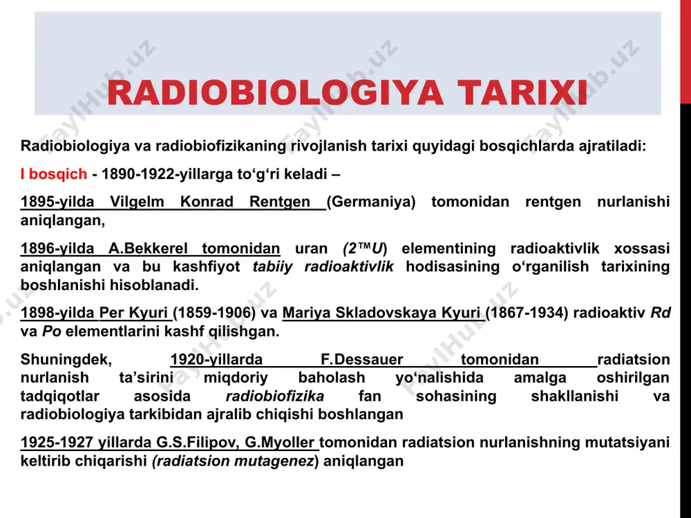 igi sifatida rad ishlatiladi: rad =0,01 gr v.elin tomonidan (rossiya) yarim o‘tkazgichli detektor yordamida radiatsiya nurlanishi qiymatini o’lchash moslamasi ishlab chiqilgan bo‘lib, ushbu moslama (do-ra, dozimetr-radiometr) maxsus dasturiy ta’minotga ega va uyali telefon aloqa vositasining sxemasiga o‘rnatilishi yoki tashqi ulanuvchi moslama sifatida foydalanilishi mumkin, shuningdek, usb-port orqali iphone, ipad, ipod touch yoki android smartfonlariga ulangan holda foydalanilishi mumkin. do-ra tizimi odam organizmida soat, sutka, hafta oy yoki yil davomida olingan radiatsiya nurlanishi qiymatini aniqlaydi. shuningdek, qo‘l soatiga o‘matilgan, γ-nurlanishni o’lchashga mo’ljallangan, dkg-rm1603a dozimetri (rossiya) ishlab chiqarilgan e’tiboringiz uchun rahmat