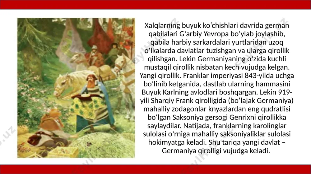 a olmagan dushmanni mag‘lub etgan otton i o‘zini yevropadagi eng kuchli qirol deb hisoblay boshlaydi. ushbu g‘alaba unda buyuk karl singari rimda imperatorlik tojini kiyish hamda imperator unvonini olish istagini uyg‘otadi. 962-yilda o‘z qo‘shini bilan rimga kelgan otton i ga papa ioann xii imperatorlik tojini kiydiradi. yangi imperiya – muqaddas rim imperiyasi nomini oladi. uning tarkibiga germaniya yerlaridan tashqari italiyaning shimoliy hududlari ham kirgan, lekin bu yerdagi shaharlar german imperatorlariga hech qachon to‘liq bo‘ysunmagan. shunga qaramasdan, har bir german qiroli taxtga kelganidan so‘ng o‘z qo‘shini bilan alp tog‘lari orqali italiyaga yurish qilib, rimda imperatorlik tojini kiyardi. german imperatorlari o‘z davlatlarini qadimgi rimning davomchisi deb hisoblaganlar. zamondoshlari «dunyo mo‘jizasi» deb nomlagan otton i ning nabirasi otton iii rimni ulkan davlatning poytaxtiga aylantirish orzusida bo‘lgan. u butun xristian dunyosi rim imperatori hukmida birlashishi lozim deb hisoblagan. tabiiyki, butun dunyo xristian imperiyasi haqidagi orzularning amalga oshishi mushkul ish edi. shunga qaramasdan, german monarxlari …