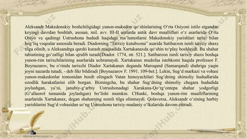ng yurishi” asarida “ustrushona” vohasida “ikki kun ichida aleksandr qo‘shinlari etti shahardan beshtasini qo‘lga kiritadi. oltinchi shahar ulardan eng kattasi bo‘lib, u kir shahri, deb nomlangan edi. bu shahar kir tomonidan qurilganligi uchun kiropol deb ataladi”[ arrian. 1962. s.134.]. antik davr mualliflari yunon-makedon qo‘shinlari yaksart havzasidagi xalqlarning qattiq qarshiligi va harbiy zarbalariga duchor bo‘lganligini e’tirof etishadi. aleksandr makedonskiyga qarshi yuqorida ta’kidlangan sirdaryo havzasidagi etti shahar qo‘zg‘olon ko‘taradi. antik davr mualliflaridan biri yustin asarida hikoya qilinishicha, aleksandr baqtriya va sug‘diyonada 7 ta shahar barpo etadi. shulardan biri yaksart (sirdaryo) daryosi bo‘yiga qurilgan aleksandriya esxata shahridir. bu shahar juda tez fursatda – o‘n etti kunda qurib bitkaziladi. shahar devorlarining aylanasi olti ming qadam edi [gafurov b. 1972. s.96.]. olimlarning ta’kidlashicha, bu shahar hozirgi xo‘jand shahri o‘rnida qurilgan. lekin, professor m.m.lyutovning ta’kidlashicha, aleksandriya esxata shahri hozirgi xo‘jandning aynan o‘rnida emas, sirdaryoning bekobodga yaqin joyida qurilgan[lyutov, 1890, s.17.]. milodiy eradan avvalgi ii asrning oxiri …