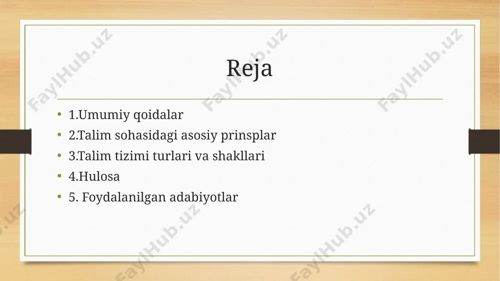 ; davlat ta’lim talablari — ta’limning tuzilmasiga, mazmuniga va uni amalga oshirish shart-sharoitlariga, shuningdek ta’lim oluvchilarning jismoniy, shaxsiy, intellektual, ilmiy hamda kasbiy sifatlariga qo‘yiladigan majburiy talablar; keyingi tahrirga qarang. malaka — shaxsning kasbiy faoliyatning muayyan turini bajarishga tayyorgarligini ifodalaydigan, ma’lumot to‘g‘risidagi tegishli hujjat bilan tasdiqlanadigan bilim, qobiliyat, mahorat va ko‘nikmalar darajasi; mutaxassislik — malaka berish bilan yakunlanadigan muayyan kasbiy tayyorgarlik turining nomi; oldingi tahrirga qarang. nodavlat ta’lim tashkiloti — davlat ta’lim standartlari, davlat ta’lim va o‘quv dasturlariga muvofiq ta’lim xizmatlari ko‘rsatish ftalablariaoliyatini amalga oshirish huquqini beradigan litsenziya asosida yoki xabardor qilish tartibida ta’lim xizmatlari ko‘rsatuvchi yuridik shaxs; (3-moddaning sakkizinchi xatboshisi o‘zbekiston respublikasining 2021-yil 12-oktabrdagi o‘rq-721-sonli qonuni tahririda — qonunchilik ma’lumotlari milliy bazasi, 12.10.2021-y., 03/21/721/0952-son) tarbiya — aniq maqsadli hamda ijtimoiy-tarixiy tajriba asosida yosh avlodni har tomonlama kamol toptirishga, ularning ongini, ma’naviy-axloqiy qadriyatlar va dunyoqarashini shakllantirishga qaratilgan tizimli jarayon; ta’lim — ta’lim oluvchilarga chuqur nazariy bilim, malakalar va amaliy ko‘nikmalar berishga, …
