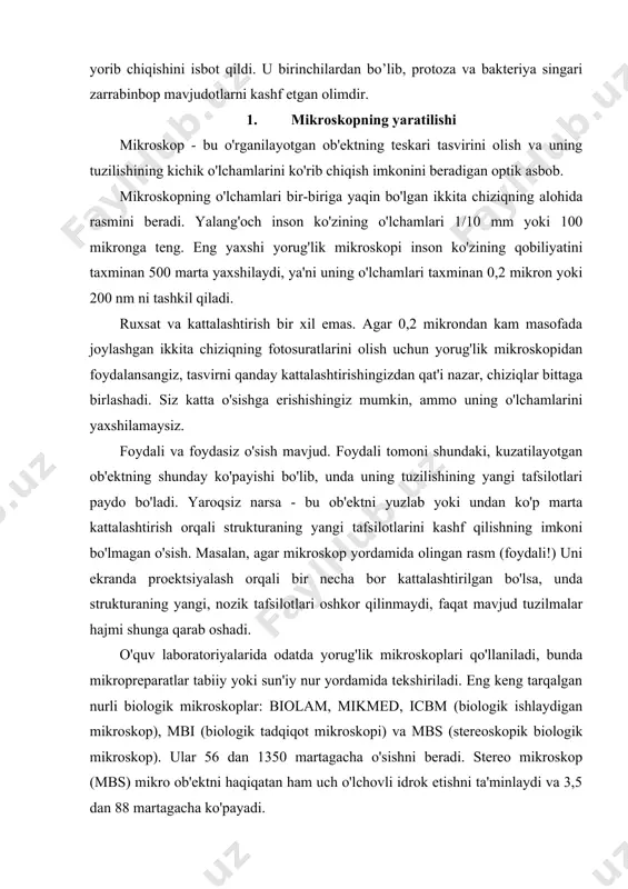 aganda ancha sodda. metall tsilindrga o'rnatilgan 2-3 linzadan iborat. ob'ektivlar orasida ko'rish sohasining chegaralarini belgilaydigan doimiy teshik mavjud. pastki optikasi diafragma tekisligidagi ob'ektiv tomonidan qurilgan ob'ektning tasviriga qaratiladi va yuqori qismi to'g'ridan-to'g'ri kuzatish uchun xizmat qiladi. ko'zoynaklarning ko'payishi ularda: x7, x10, x15 raqamlari bilan ko'rsatiladi. ko'zoynak strukturaning yangi tafsilotlarini ochib bermaydi va shu munosabat bilan ularning ko'payishi befoyda. shunday qilib, ko'zoynak, kattalashtirish oynasi kabi, ob'ektiv tomonidan qurilgan, kuzatilgan ob'ektning to'g'ridan-to'g'ri, xayoliy, kattalashtirilgan tasvirini beradi. mikroskopning umumiy kattalashishini aniqlash uchun ob'ektivni kattalashtirishni ko'zoynakning kattaligiga ko'paytiring. yorug'lik moslamasi oynadan yoki elektr lampadan, ìrísí diafragmali kondensatordan va mavzu stolida joylashgan filtrdan iborat. ular ob'ektni yorug'lik nurlari bilan yoritishga mo'ljallangan. ko'zgu kondensator orqali yorug'likni yo'naltirish va ob'ekt bosqichini ob'ektga ochish uchun xizmat qiladi. uning ikkita yuzasi bor: tekis va konkav. tarqalgan yorug'lik laboratoriyalarida konkav oynasi qo'llaniladi. stend rozetkasidagi kondensator ostida elektr lampa o'rnatilgan. kondensator metall tsilindrga o'rnatilgan 2-3 linzadan iborat. uni maxsus vida bilan …