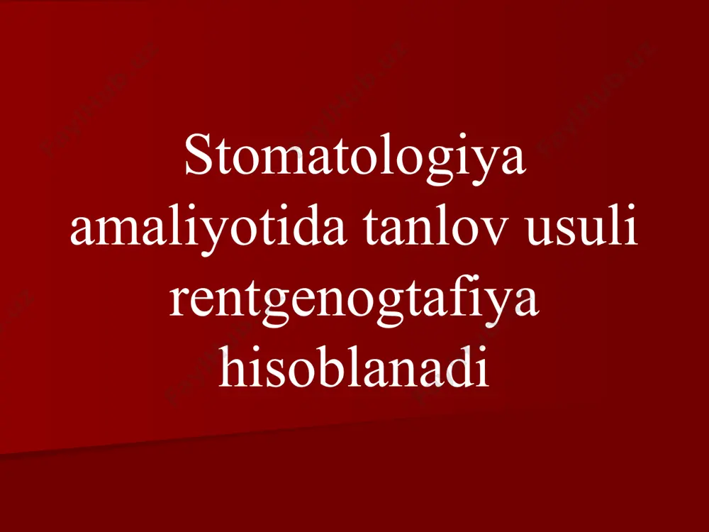 klarida kista va o‘smalarda ko‘plab kariyesga ega qari kishilar paradont kasalliklarida protezlash va ortodontik tekshiruvlarda panoram rentgenografiyada rentgen trubka og‘iz bo‘shlig‘iga 5 6 sm ichkariga kiritiladi va plyonka og‘iz tashqarisiga qo‘yiladi telerentgenografiya - kalla suyagini haqiqiy o‘lchamlarini baholash uchun qo‘llaniladigan ko‘p proyeksiyali usul hisoblanadi. asosan jag‘lardagi va prikusdagi anomaliyalarni aniqlashda qo‘llaniladi. sialografiya- so‘lak bezlarini yod saqlovchi preparatlarni ularning chiqaruv yo‘lariga yuborib tasvirga olish orqali so‘lak tosh kasalligi va yallig‘lanish kasalliklarini aniqlash angiografiya- qon-tomir sistemasidagi anomaliyalar va patologiyalarni aniqlaydiga usul. (гемангиомы, юношеские ангиофибромы). kompyuter tomografiya quyidagi kasalliklarni tashxislashda qo‘llaniladi: yallig‘lanish, travmatik va o‘sma kasalliklarida kalla ichi asoratlarida va patologik jarayonlarining keng tarqalishlarida chakka-pastki jag‘ bo‘g‘imi kasaliklarida rentgenogrammani baholash: tasvirni tehnik to‘g‘ri olinganligini baholash normani patologiyadan ajratish klinik kechishi bilan taqqoslagan holatda xulosani shakllantirish tishlar tasviri hech qachon bir- birining ustiga tushmasligi lozim va haqiqiy ko‘rinishini yo‘qotmasligi lozim. suyak to‘qimasidagi o‘choqli o‘zgarishlarni quyidagilarga qarab baholanadi: loklizatsiyasiga qarab forma intensivligi o‘choq ichidagi va …