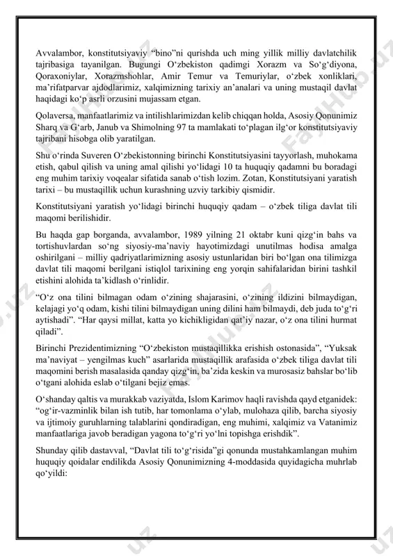 o‘tish lozim. zotan, konstitutsiyani yaratish tarixi – bu mustaqillik uchun kurashning uzviy tarkibiy qismidir. konstitutsiyani yaratish yo‘lidagi birinchi huquqiy qadam – o‘zbek tiliga davlat tili maqomi berilishidir. bu haqda gap borganda, avvalambor, 1989 yilning 21 oktabr kuni qizg‘in bahs va tortishuvlardan so‘ng siyosiy-ma’naviy hayotimizdagi unutilmas hodisa amalga oshirilgani – milliy qadriyatlarimizning asosiy ustunlaridan biri bo‘lgan ona tilimizga davlat tili maqomi berilgani istiqlol tarixining eng yorqin sahifalaridan birini tashkil etishini alohida ta’kidlash o‘rinlidir. “o‘z ona tilini bilmagan odam o‘zining shajarasini, o‘zining ildizini bilmaydigan, kelajagi yo‘q odam, kishi tilini bilmaydigan uning dilini ham bilmaydi, deb juda to‘g‘ri aytishadi”. “har qaysi millat, katta yo kichikligidan qat’iy nazar, o‘z ona tilini hurmat qiladi”. birinchi prezidentimizning “o‘zbekiston mustaqillikka erishish ostonasida”, “yuksak ma’naviyat – yengilmas kuch” asarlarida mustaqillik arafasida o‘zbek tiliga davlat tili maqomini berish masalasida qanday qizg‘in, ba’zida keskin va murosasiz bahslar bo‘lib o‘tgani alohida eslab o‘tilgani bejiz emas. o‘shanday qaltis va murakkab vaziyatda, islom …