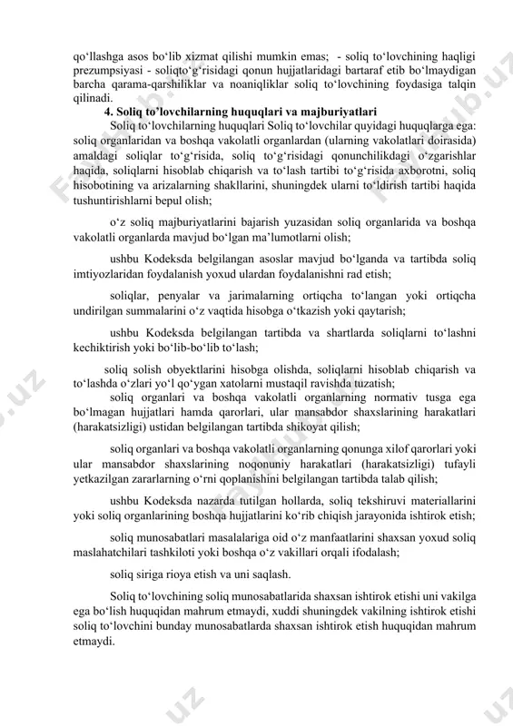 belgilangan stavkadan kelib chiqqan holda hisoblab chiqariladi. bir nechta mulkdorning umumiy ulushli mulkida bo‘lgan imoratlar, binolar va inshootlar uchun jismoniy shaxslarning mol-mulkiga solinadigan soliq mulkdorlarning har biri tomonidan ularning ushbu imoratlar, binolar va inshootlardagi ulushiga mutanosib ravishda to‘lanadi. soliq stavkasi tegishli tartibda o‘zbekiston respublikasi prezidenti tomonidan belgilanadi. jismoniy shaxslarning mol-mulkiga solinadigan soliqni soliq davri uchun to‘lash hisobot yilining 15 oktabriga qadar amalga oshiriladi). - soliq solishning adolatliligi. soliq solish umumiy bo‘lib, soliqlar va boshqa majburiy to‘lovlar bo‘yicha imtiyozlarni belgilash ijtimoiy adolat prinsiplariga mos bo‘lishi kerak. soliqlar va boshqa majburiy to‘lovlar bo‘yicha yakka tartibdagi xususiyatga ega bo‘lgan imtiyozlar berilishiga yo‘l qo‘yilmaydi. soliqlar va boshqa majburiy to‘lovlar kamsitish xususiyatiga ega bo‘lishi mumkin emas hamda ijtimoiy, irqiy, milliy, diniy va boshqa shu kabi mezonlardan kelib chiqqan holda qo‘llanilishi mumkin emas. masalan, yakka tadbirkor a.axmedovga yoki “sharq” ishlab chiqarish korxonasini mol-mulk solig‘i yoki boshqa soliq va majburiy to‘lovlardan ozod qilish yuzasidan imtiyoz berish mumkin …