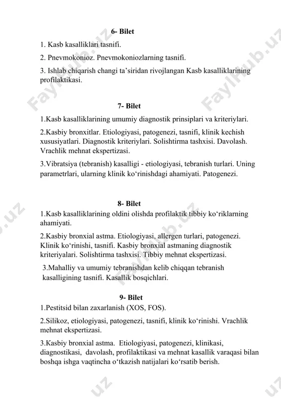 bosqichlari. 9- bilet 1.pestitsid bilan zaxarlanish (xos, fos). 2.silikoz, etiologiyasi, patogenezi, tasnifi, klinik ko‘rinishi. vrachlik mehnat ekspertizasi. 3.кasbiy bronxial astma. etiologiyasi, patogenezi, klinikasi, diagnostikasi, davolash, profilaktikasi va mehnat kasallik varaqasi bilan boshqa ishga vaqtincha oʻtkazish natijalari koʻrsatib berish. 10- bilet 1.kasb kasalliklarining umumiy diagnostik prinsiplari va kriteriylari. 2. dastlabki va davriy tibbiy ko‘riklarning maqsadi va vazifalari. 3. vibratsiya kasalligi profilaktikasini takomillashtrish yo‘llari.