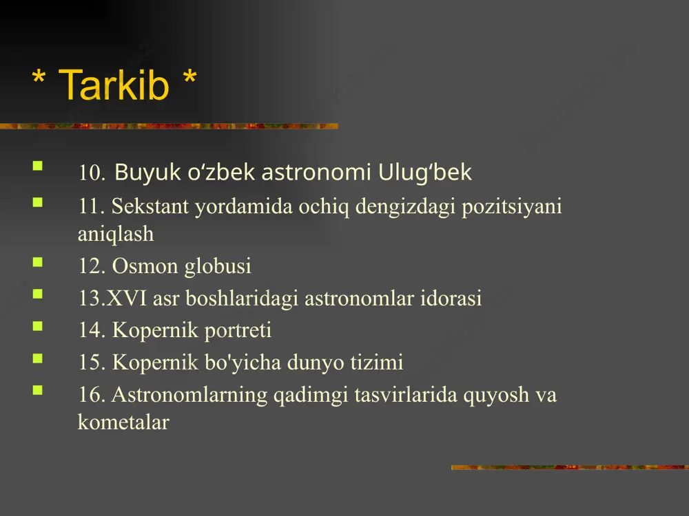 yurgan ba'zi nuqtalar atrofida kichik doiralar (epitsikllar) bo'ylab harakatlanishini taklif qildi. sayyora orbitalarining ekssentrikligini hisobga olish uchun u qo'shimcha epitsikllarni kiritishi kerak edi. o'zining og'irligi va asossizligiga qaramay, ptolemey tizimi 15 asr davomida kopernik tomonidan rad etilgunga qadar umumiy qabul qilingan. katolik cherkovi ptolemeylar tizimining mavqeini mustahkamlashda katta rol o'ynadi. 7. hindistondagi astronomik tomoshalar qadimgi hindlarning muqaddas kitoblarida misrliklarning qarashlari bilan juda ko'p umumiy bo'lgan dunyoning tuzilishi haqidagi g'oyalari aks ettirilgan. ushbu g'oyalarga ko'ra, markazida ulkan tog'li tekis yerni okeanda suzuvchi ulkan toshbaqa ustida turgan 4 ta fil qo'llab-quvvatlaydi. 400-650 yillarda hindistonda turli mualliflar tomonidan yozilgan "sidxanta" deb nomlangan matematik va astronomik asarlar tsikli yaratildi. ushbu asarlarda biz aristotel dunyosi tizimiga yaqin va ptolemey tizimiga nisbatan biroz soddalashtirilgan markazda sharsimon yer va uning atrofida aylana orbitalari bo'lgan dunyoning rasmini uchratamiz. yerning o'z o'qi atrofida aylanishi bir necha bor eslatib o'tilgan. hindistondan astronomik bilimlar gʻarbga, birinchi navbatda arablar va oʻrta osiyo …
