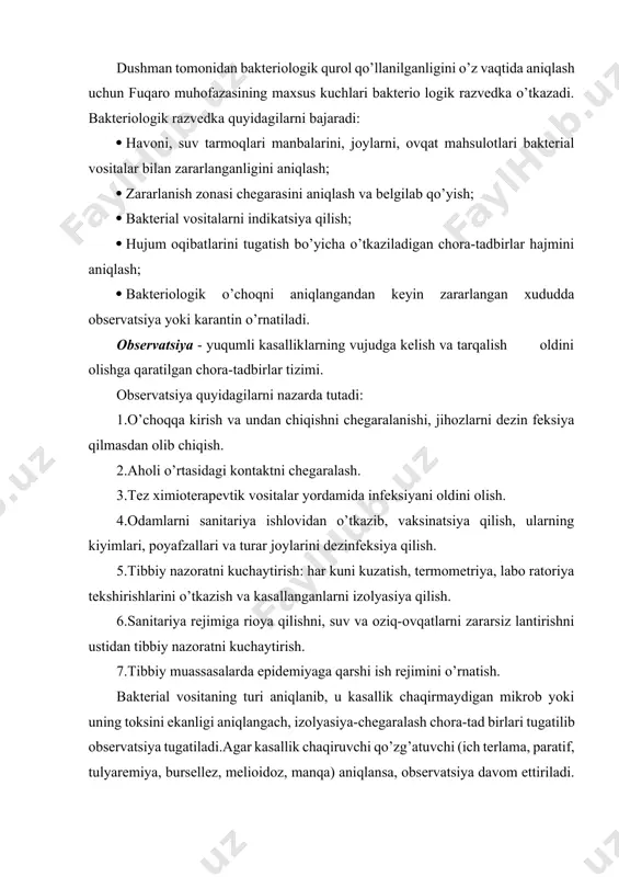 rantin – yuqumli kasallik o’chog’ini to’liq ajratish (izolyasiya) va uni tugatishga qaratilgan epidemiyaga qarshi va rejimli chora-tadbirlar bilan to’ldiriladi. 1. o’choqdan chiqish va zararsizlantirmasdan biror jihozni olib chiqish man qilinadi. 2. o’choqqa faqat fx ning kuchlari, uni tugatish uchun kiritiladi. ki rishdan avval ko’chma epidemiyaga qarshi otryad va sanitar drujinaning shaxsiy tarkibi shaxsiy himoya vositalari bilan ta’minlanib, tez profilaktika va vaksinatsiyadan o’tadilar. 3. karantin zonasining chegarasi ogohlantiruvchi belgi bilan belgila nadi, ular o’rtasiga qurolli muhofaza postlari qo’yilib, sutka davomida patrullik joriy qilinadi, yo’llarda nazorat punktlari tashkil qilinib, o’choqqa oziq-ovqat maxsulotlarini olib kelish rejimiga rioya qilish ta’minlanadi. 4. oziq-ovqatlarni olish joyi belgilanadi. 5. o’choqdagi barcha aholi binolardan chiqqanda individual vositalaridan foydalanishlari kerak. o’choqdagi aholi shaxsiy himoya vositalari bilan ta’minlangan bo’lishlari kerak: respirator, protivagaz, o’latga qarshi kastyum, filьtrlovchi himoya kiyimi va qo’l ostidagi vositalar (og’iz va burunga paxta va dokadan tayyorlangan niqob, kombenizonlar, plash va boshqalar). hashoratlardan himoyalanish uchun repellentlar va pashshaxonalar …