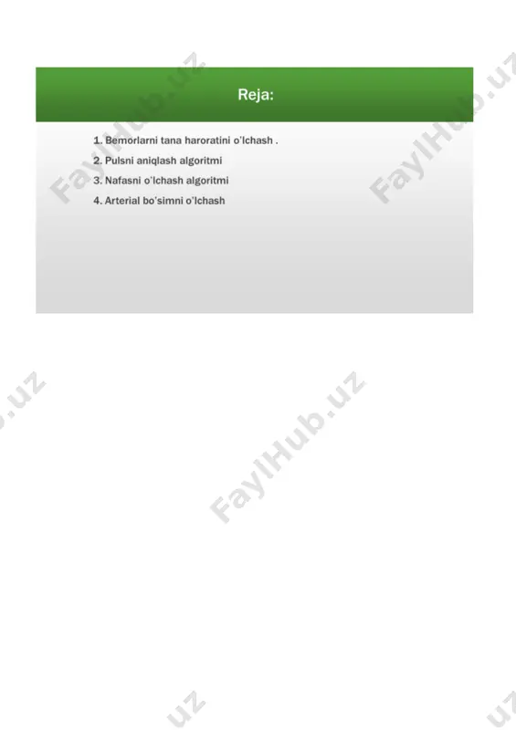 ring. 3-topshiriq. istima turlarini model usulida izohlang. foydalanilgan adabiyotlar zokirova k.o’, to’xtamatova d.o’, mirzabaeva s.a «xamshiralik ishi asoslari», toshkent, «ilm-ziyo» nashriyoti,2012y. 1. arslonov. y.l. «ichki kasalliklar». toshkent, «ilm ziyo» nashriyoti, 2013y. 3.“ qariyalarda hamshiralik parvarishi ” – m. f. ziyayeva, m. d. xodjayeva umarova t.yu, qayumova i. a., ibragimova m. k. -"hamshiralik ishi" toshkent 2003y. internet ma’lumotlari: www. ziyo.net www.fjsti.uz mavzu : bemorlarning funksional holatini baholash mavzu yuzasidan tropshiriqlar