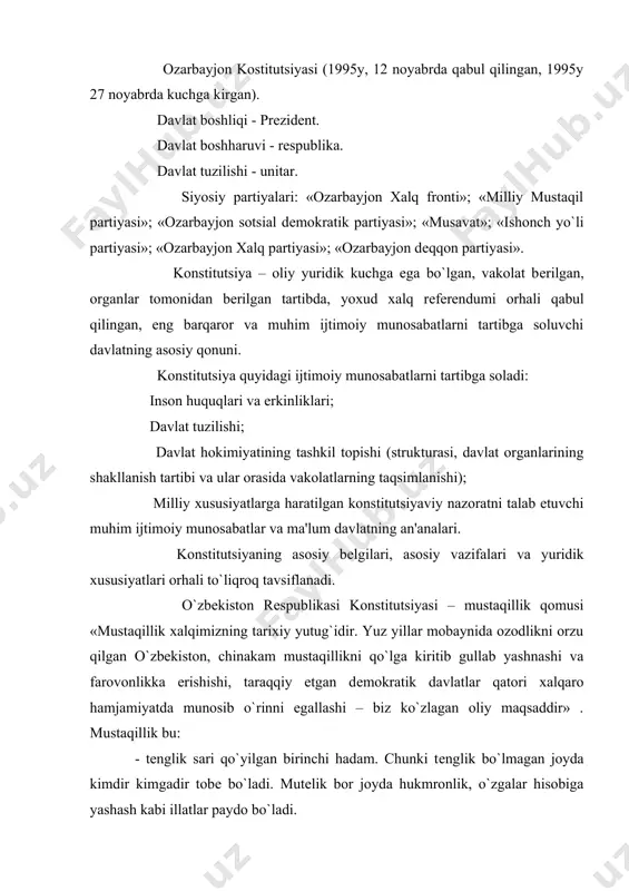 ana shu umuminsoniy hadriyatlarga tayanish, umuminsoniy mezonlar asosida yashash demakdir. - mustaqillik – jamiyatdan ajralmagan holda dunyo muammolari va o`z tahdiri bilan bog`liq bo`lgan istiqbol haqida o`ylash. - mustaqillik – erkin dunyoharash, erkin tafakkurga suyanib ishlash salohiyatidir. - mustaqillik – mustamlakachilikning har qanday shaklini taqozo etadigan to`siqlar va zo`ravonliklarni inkor etadi. mustaqillik – jahon taraqqiyotining ilg`or tajribalari asosida o`z ravnaqining o`ziga xos tamoyillarini ishlab chiqish bilan birga yagona zamin, yagona makon tahdirini belgilashda o`zaro hamkorlikning yangi, sifat jihatidan yuqori bo`lgan, umuminsoniy mos keladigan andozasi asosida yashash demakdir. o`zbekistonda davlat mustaqilligi e'lon qilinganligi o`zbekiston respublikasi konstitutsiyasini ishlab chiqish va qabul qilishni taqozo etdi. o`zbekiston hududida ilgari amal qilib kelgan barcha konstitutsiyalar (turkiston assrning 1918 va 1920 yillardagi konstitutsiyalari, o`zbekiston ssrning 1927,1937,1978 yillardagi konstuttsiyalari) o`z xalqi va hududini erkin va demokratik asosda boshharadigan mustaqil, egalik davlat konstitutsiyalari emas edi. respublika o`z davlat mustaqilligini qo`lga kiritgach tabiiy ravishda, shu davlat mustaqilligini konstitutsiya asosida …