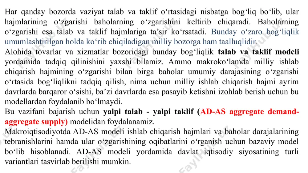 ad y p ad y jami talabning narxlarga bog‘liq bo‘lmagan omillari (yalpi talab egri chizig‘ining siljishlari): xorijiy mamlakatlardagi milliy daromadning o‘zgarishi valyuta kursining o‘zgarishi xorijiy mamlakatlardagi milliy daromadning o‘zgarishi valyuta kursining o‘zgarishi 4. sof eksportga ta’sir kursatish oshsa agar: kamaysa agar: yalpi taklif as bozor firmalar tashqi dunyo davlat uy xo‘jaliklari yalpi taklif (as) – iqtisodiyotda har qanday mumkin bo‘lgan narxlar darajasida ishlab chiqaruvchilar ishlab chiqarishga tayyor bo‘lgan milliy ishlab chiqarishning real hajmidir p as y as egri chizig‘ining kesmalari vertikal (klassik) kesma narxlar darajasi o‘zgarsada ishlab chiqarish darajasi (to‘la bandlik sharoitida potentsial ishlab chiqarish hajmi) o‘zgarmaydi (uzoq muddatli davr) gorizontal (keynsian) kesma narxlar darajasi o‘zgarmasada ishlab chiqarish real hajmi o‘zgaradi (qisqa muddatli davr) oraliq ham narxlar darajasi ham ishlab chiqarish hajmi o‘zgaradi yalpi taklif egri chizigʻining keyns kesmasida iqtisodiyotni nisbatan qisqa muddatda amal qilishini xarakterlaydi. bu kesmada yalpi taklifni tahlil qilish quyidagi shartlarga tayanadi: iqtisodiyot ishlab chiqarish omillari toʻliq …