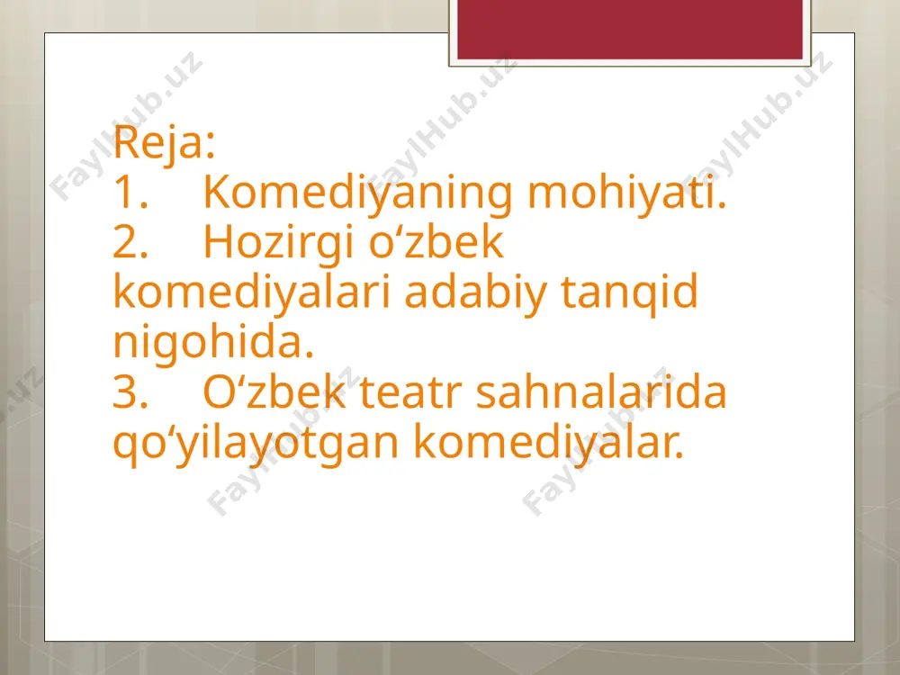 nlar qoʻzg’aloni” asarida holat komikligi ustun. eng muhimi komik qahramon oʻzini aslidan koʻra yuksakroq baholaydi va bu kulgi uygʻotadi. komediyaning asosida satirik yoki yumoristik kulgi yotadi. satirik ruh ustuvor komediyalar: a.qahhor “tobutdan tovush” “og’riq tishlar”… yumoristik ruh ustuvor komediyalar: s.ahmad “kelinlar qoʻzg’aloni” “kuyov” e.vohidov “oltin devor”… kitobda muallif x.toʻxtaboyev bilan suhbat qiladi va dramaturg a.ibrohimov ijodiga munosabat bildiradi: tanqidchi: a.ibrohimov asarlari… ayniqsa, “arra”, “zoʻldir” dramalari satirabop jiddiy hodisa… lekin bu ikki asar ham obrazli, komik til jihatidan oqsaydi… asardagi hayotiy komik zamin oʻta zaif, kulgi teran ma’nodorlikdan xoli. yozuvchi: a.i ijodini men sinchiklab, sevib kuzatib boryapman… muallifga… ayni kuldiradigan joylarida kulgi yetishmayotganligini ham aytdim… tanqidchi q.yoʻldoshev milliy komediyamizning 2000 yildan keyingi holatini quyidagicha baholaydi: komediya degan nomga da’vogar sahna asarlarining deyarli barchasi teatrlarning buyurtmasi bilan yaratilgan… butun boshli milliy dramaturgiyani faqat buyurtma yoʻli bilan taraqqiy ettirishga urinishni badiiyat nuqtai nazaridan sogʻlom hol deb boʻlmaydi. sahnaviy ijodning komediya deb atalmish muqaddas …