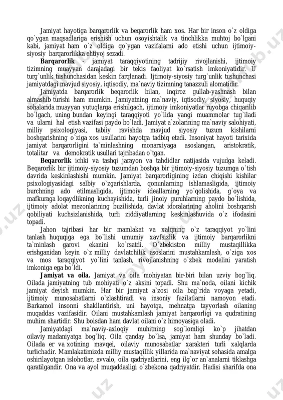 ar majmuasi, davlat esa jamoalar yig`indisidan iboratdir. jamiyatning bunday an`anaviy talqiniga sharq mutafakkirlari ham o`z hissalarini qo`shganlar. bunga forobiyning «fozil odamlar shahri», beruniyning «o`tmish xalqlardan qolgan yodgorliklar», yusuf xos hojibning «qutadg`u bilig», navoiyning «payg`ambarlar va donishmandlar tarixi», amir temurning «tuzuklari», a.jomiyning «iskandarning donishmandlik kitobi» va boshqa asarlarni misol qilib keltirishning o`zi kifoya qiladi. bundan sharq mutafakkirlarining antik davr falsafasi vorislari ekanliklari ko`rinib turibdi. masalan, ibn sinoning fikricha, jamiyat uch sinfga bo`linishi kerak: boshqaruvchilar, lashkar (harbiy), ishlab chiqaruvchilar. bu esa, aflotunning qarashlarini tasdiqlaydi. falsafiy tafakkur tarixida jamiyatning mohiyati va rivojlanishiga oid turli nazariyalar mavjud. xususan, nemis faylasufi hegel jamiyatning shakllanishi va rivojlanish sabablarini mutlaq ruhning rivojlanishi bilan, l.feyerbax din bilan bog`lagan, ijtimoiy taraqqiyot sabablarini diniy ong taraqqiyotidan izlagan. fransuz mutafakkiri o.kont jamiyatning rivojlanish sabablarini insoniyat ma`naviy taraqqiyotining uch bosqichi (teologik, metafizik, pozitiv bosqichlar) bilan izohlagan. k.marks jamiyatning rivojlanish sabablarini sinfiy kurash va inqilobiy o`zgarishlar bilan bog`lagan, barcha ijtimoiy hodisa va jarayonlarni …