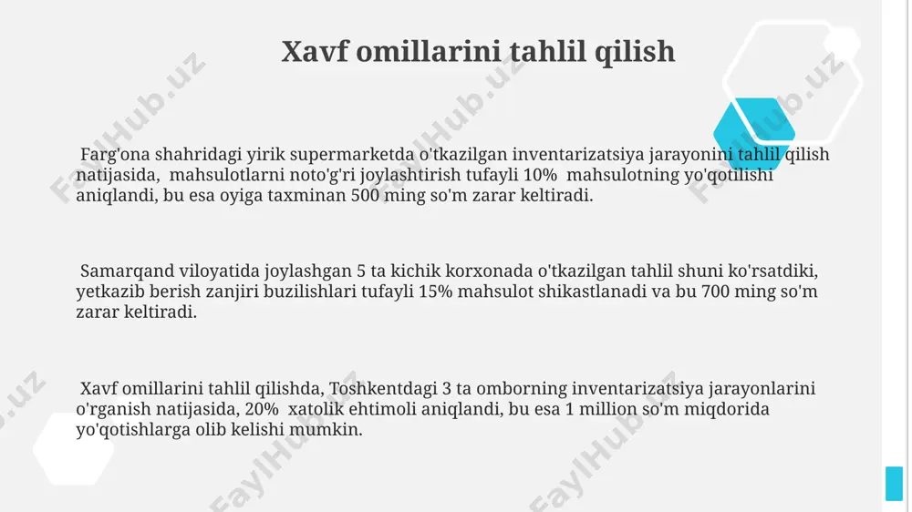 жараёнидаги хатолар сонини 20% га камайтириш мумкин. xavfni kamaytirish strategiyalari xavfni kamaytirish uchun andijon shahridagi omborlarda inventarni jismoniy tekshirish chastotasini 3 oydan 1 oyga qisqartirish va xatolikni 15% dan 5% gacha kamaytirish rejalashtirilgan. samarqand viloyatidagi ta'minot zanjiri bo'yicha 3 ta asosiy xavf omillarini aniqlash va ularni bartaraf etish uchun har oyda risklarni baholash va 10 ta tadbirlar rejasini ishlab chiqish kerak. xavfni kamaytirish uchun toshkentdagi omborda inventarizatsiya jarayonlarini avtomatlashtirish, xatolik darajasini 5% dan 1% ga tushirish va 2024 yilgacha yangi texnologiyalarni joriy etish rejalashtirilgan. monitoring va baholash инвентаризация натижаларини таҳлил қилишда 10% дан ортиқ камчиликлар аниқланса, самарқанд вилоятидаги филиалга тезкор чоралар кўриш бўйича 3 кунлик муддат берилади. кўриб чиқиш ва баҳолаш жараёнида 2023 йилда тошкентдаги омбордаги 5000 дан ортиқ товар бирлигининг ҳар бирининг ҳолати мониторинг қилинади ва бу маълумотлар базасида хавф даражаси баҳоланади. жиззах шаҳридаги логистика марказидаги 15 та турдаги товарларнинг ҳар ойдаги мониторинги ва баҳоланиши натижасида ҳар чоракда 2 …
