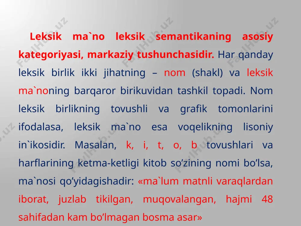 oning til sistemasida o’ziga xos o’ringa ega ekanligi leksik ma`no tushuncha kabi in`ikos kategoriyasi bo’lib, unda nolisoniy voqelik  insonning tashqi va ichki olami aks etadi. masalan, tog’, dengiz, muhabbat, nafrat kabi. tog’, dengiz tashqi olam hodisalari bo’lsa, muhabbat, nafrat insonning ichki tuyg’ularidir. ma`noda aks etayotgan voqelikdagi predmet, hodisa, harakat, belgi, munosabat denotat deyiladi. biron bir alohida olingan reallik (quyosh, oy), hodisalar (gullamoq, ochilmoq), belgi-xususiyatlar (oq, qora), harakatlar (yozmoq, gapirmoq), bir turdagi narsalar (uy, daraxt, gul), davriy hodisalar (yog’ingarchilik, yoz, kuz), ongimizda sun`iy hosil qilingan real bo’lmagan narsa, belgi, hodisalar (pari, qorbobo, qorqiz, jodugar) leksik ma`no asosida yotuvchi voqelik yoki denotat bo’lib kelishi mumkin. sodda qilib aytganda, denotat tushuncha orqali ma`noga aylanadi. sinov: test. savol: qaysi tilshunos olim til birligidagi substantsiya (moddiy tomon) va ma`noning o’zaro tashkil etuvchilik holatini bir qog’oz varag’ining ikki tomonini o’zaro tashkil etuvchanligi bilan qiyoslagan edi? v. f. humbolt maslov f.de sossyur aristotel hukm: referent tushuncha …