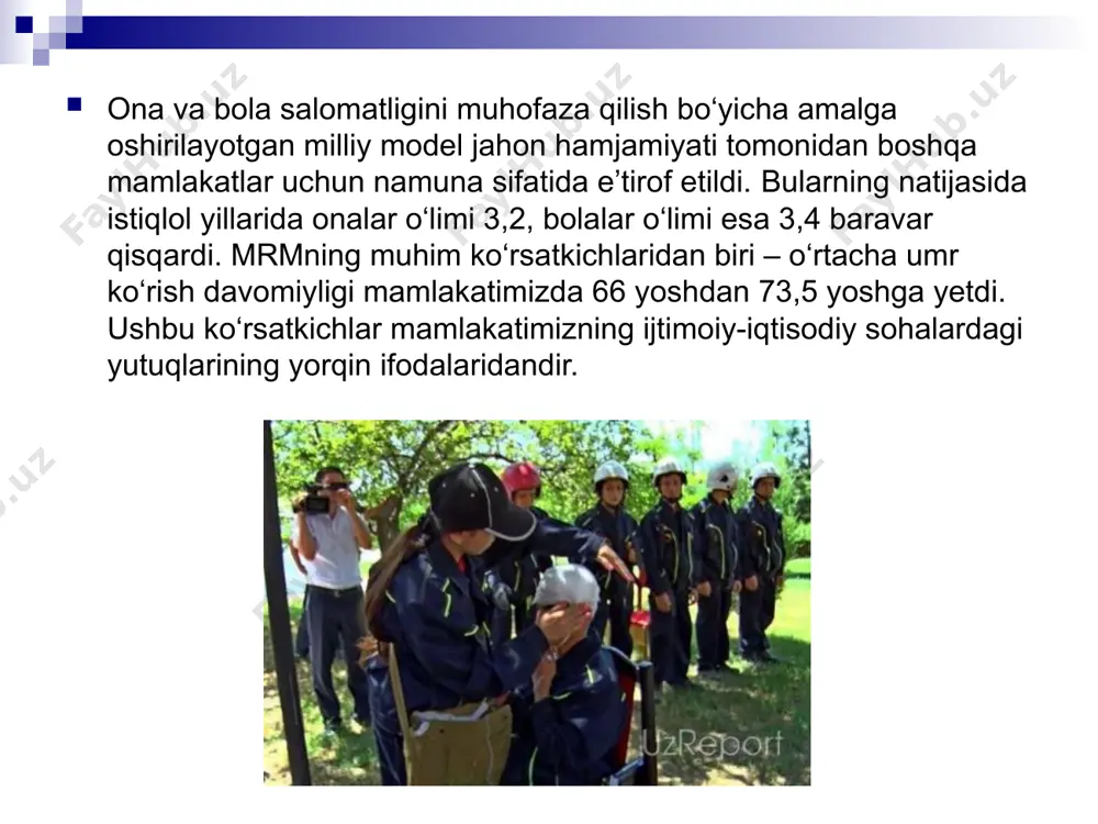 mudofaa vazirligi qoshida fuqaro mudofaasi va favqulotda vaziyatlar boshqarmasining, so’ngra esa, shu boshqarma negizida o’z.r prezidentining 1996 - yil 4 - martdagi pf -1378 farmoni bilan favqulotda vaziyatlar vazirligining tashkil etilishi bo’ldi. farmon bilan favqulotda vaziyatlarni bartaraf etish, aholi hayoti va salomatligini, moddiy va ma’naviy qadriyatlarini muhofaza qilish shuningdek tinchlik va xarbiy davrda favqulotda vaziyatlar vujudga kelganda ularning oqibatlarini tugatish hamda zararlarini kamaytirish sohasida davlat siyosatini ishlab chiqish va amalga oshirish vazirlikni asosiy vazifalaridan biri deb belgilanadi. image4.png image5.png image6.jpeg image7.jpeg image8.jpeg image9.jpeg image10.jpeg image11.jpeg image12.jpeg image13.jpeg image14.jpeg image15.jpeg image16.jpeg image17.jpeg image18.jpeg image19.jpeg image20.jpeg image21.jpeg image3.jpeg /docprops/thumbnail.jpeg