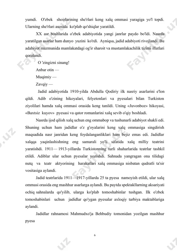 an shafqatsiz mavjudotlarga aylantirgan ma'naviy qashshoqlik, mol-mulkka ruju qo'yish qattiq qoralangan edi. unda yot odatlarning kirib kelishi jamiyat uchun muqaddas bo'lgan oilani yemirishi ko'rsatib berildi. nusratilla qudratilla qalamiga mansub «to'y» asarida oilaviy va shaxsiy fojialar sababchisiga aylangan serchiqim ba'zi urf-odatlar va an'analar tanqid ostiga olindi. pyesada oila boshlig'ining serhasham sunnat to'yi uchun puli yetmay qolganida qarz olishga majbur bo'lganligi va ko'p o'tmay to'lovga layoqatsizligi oqibatida qarzdorning qamoqqa olinishi ko'rsatilgan. shu kabi tarbiyaviy ahamiyatga ega, ma'naviy boy adabiyot xalq ongini uyg'otuvchi eng muhim vosita bo'ldi. uning atoqli namoyandalari esa soha rivojiga ulkan hissa qo'shdilar. yodda tuting! 1911-1917-yillarda jaded ma’rifatparvarlarining 25 ta pyesasi namoyish etildi, ular xalq ommasi orasida eng mashhur asarlarga aylandi. atamalar izohi meteorologiya (yunoncha) — yer atmosferasi, uning xususiyatlari va unda bo'ladigan fizik jarayonlar haqidagi fan. felyeton (fransnzcha) — kundalik turmushda ro'y beradigan salbiy hodisalarni tanqid qilib yozilgan gazeta yoki jurnal maqolasi. xx asr boshlarida rossiyadagi musulmon maktablarining buyuk …