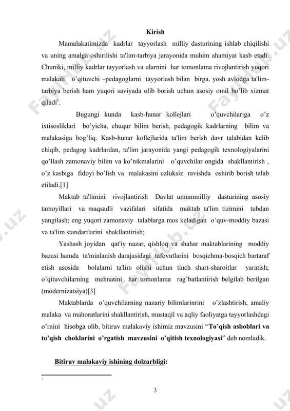 a samaradorlikka erishish hozirgi kunda dolzarb hisoblanadi. yangi pedagogik texnologiyalarning yana bir o‘ziga xos xususiyati o‘quvchi faoliyatining ustuvorligidadir. ta’lim jarayonida bilish, mehnat ta’limi tushunchalarini to‘g‘ri shakllantirish, nazorat qilish ko‘nikmasini to‘g‘ri tarkib toptirish yangi pedagogik texnologiyalarning tarkibiy qismidir. bu o‘zaro bog‘liqlik pedagogik jarayonning o‘ziga xos qonuniyatidan kelib chiqadi. yuqorida zikr qilinganlarga asosan, to’qish asboblari va to’qish choklarini o’rgatish mavzusini o’qitish texnologiyasini ishlab chiqish hamda bu texnologiyani mehnat ta’limi darslarida qo‘llashga yo‘naltirilgan tavsiyalarni berish dolzarb masalalardan hisoblanib, ilmiy-amaliy ahamiyatga egadir. tadqiqotning о‘rganilganlik darajasi: mehnat ta’limini o‘qitish sifati va samaradorligini oshirish yo‘llaridan biri bu ta’limga yangi pedagogik texnologiyalarning tadbiqi, fan, ijtimoiy taraqqiyot rivoji bilan uzviy bog‘liq holda va mavjud talablarga muvofiq takomillashib boruvchi pedagogik faoliyat hisoblanadi. shunga ko‘ra ta’limga yangi pedagogik texnologiyalarni tadbiq etish sohasida hamdo‘stlik mamlakatlari hamda respublikamizning taniqli olimlari tomonidan bir qator tadqiqot ishlari amalga oshirilgan. bitiruv malakaviy ishning maqsadi: umumiy o’rta ta’lim maktablarining 5-sinflarida o’tiladigan “to’qish asboblari va to’qish choklarini …