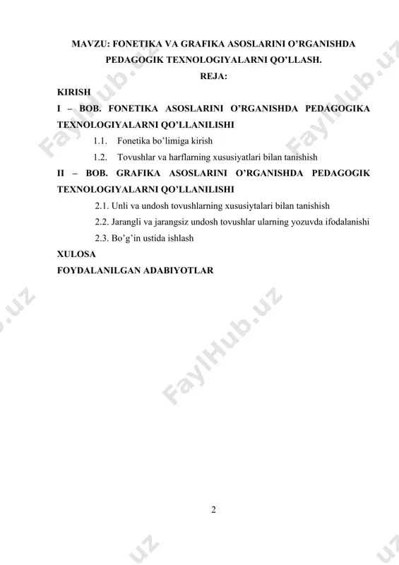 rangsiz va jarangli undoshlarning yozilishi) shakllantirish uchun zamin bo’ladi; g) fonetik bilim gapning ohangiga ko’ra to’g’ri aytish, logik urg’u va gap qurilishidagi to’xtamlarga rioya qilish uchun zarur; d) so’zning tovush tomonini bilish uning ma’nosini tushunish va nutqda ongli qo’llash uchun muhimdir; hozir va hozur, atlas va atlas so’zlari ma’nosidagi farq faqat urg’u orqali ajratiladi. so’zning tovush tomonini tasavvur qilish so’zlarni talaffuzda farqlash, ayrim so’zlarni to’g’ri talaffuz qilish va qo’llash zarur. o’qituvchi boshlang’ich sinflarda o’qitiladigan barcha fanlarga oid darslarda so’zni aniq va to’g’ri talaffuz qilish ustida doimiy ishlab boradi,shu maqsadda ko’pincha so’zni tovush tomonidan tahlil qilishdan foydalanadi. maktab dasturiga muvofiq , boshlang’ich sinf o’quvchilari fonetik-grafik ko’nikmlar tizimini hosil qiladilar: tovushlar va harflar , unli va undosh tovushlar ,jufti bor jarangli va jarangsiz undoshla, jufti yo’q jarangli va jufti yo’q jarangsiz undoshlar; so’zni bo’g’inlarga bo’lish, urg’uli bo’g’inni ajratish ko’nikmalariga ega bo’ladilar. bolalar maktabga kelgunga qadar ham nutqning tovush qurilishini amaliy o’zlashtiradilar, ammo …