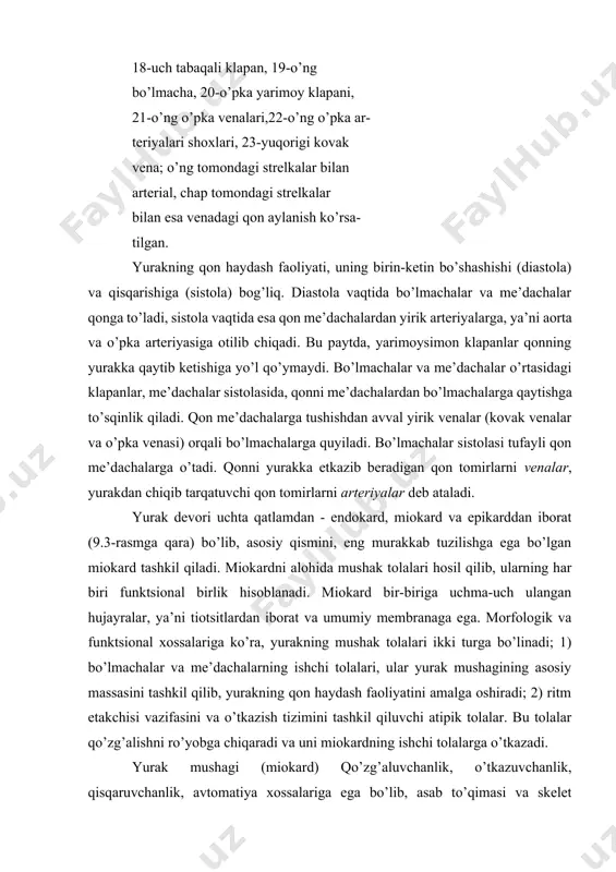 gi, skelet mushaklarinikiga o’xshash doimiy emas. u, absolyut va nisbiy refrakterlik (qaytariluvchi ta’sirlarga moyillik bo’lmagan) davrlar paydo bo’lganda, qo’zg’alish paytida o’zgaradi. yurak mushagining absolyut refrakterlik davri, me’dacha sistola vaqtining barchasini va diastolasini bir qismini o’z ichiga oladi. bunday uzoq muddatli refrakterlik (uzoq muddatli hp bilan bog’liq) qo’zg’alish va qisqarishning paydo bo’lishini uzilib turish tavsifini, xattoki uzluksiz ta’sirlanish paytida ham ta’minlaydi. bu, yurak mushaklari tetanusini paydo bo’lishiga yo’l qo’ymaydi va yakka qisqarishlar rejimini kafolatlaydi. 4. qisqarishning kuchi va tezligini, tolaning uzunligi va unga tushgan og’irlikka bog’liqlik sifati bo’yicha yurak mushagi ham skelet mushagiga o’xshaydi. skelet mushaklaridagi uzunlik va kuch o’rtasidagi bog’liqlik tana mushaklarining faoliyati uchun uncha ahamiyatga ega emas. bunday bog’liqlik, yurak mushagida katta diapazonda namoyon bo’ladi va o’ng hamda chap me’dachalardan qonning chiqarilib yuborilishini kelishilgan holda amalga oshishini (o’z-o’zini boshqarishni) ta’minlaydi. demak, diastola paytida qonning yig’ilishi qancha ko’p bo’lsa, ya’ni yurak kameralari qanchalik ko’p cho’zilgan bo’lsa, qonning sistolik hajmi ham …