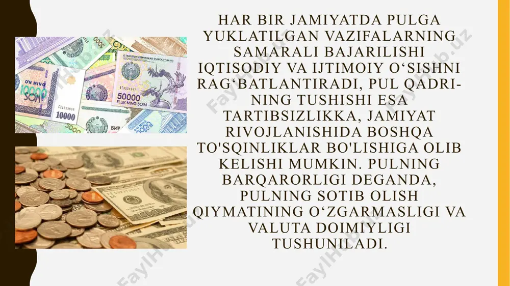 oltin, valuta zaxiralarining mavjudligi va ularning ko‘payishi. oltin, valuta zaxiralarining salmog‘i qancha ko‘p bo‘lsa, pul shuncha barqaror bo‘lishi mumkin. milliy valutani mustahkamlashning yana bir sharti — in- flatsiyaga qarshi puxta o‘ylangan siyosat yuritish. muomalaga chiqarilgan har bir so‘m muayyan miqdordagi tovar va xizmatlar bilan ta’minlangan bo‘lishi zarur. ichki bozorni tovarlar bilan to‘l- dirish, aholiga xizmat ko‘rsatishning sifati va turlarini oshirish ham milliy valutaning barqarorligini ta’minlashning asosi hisoblanadi. image1.jpeg image2.jpeg image3.jpeg image4.jpeg image5.jpeg image6.jpeg image7.jpeg image8.jpeg image9.png /docprops/thumbnail.jpeg
