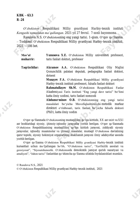 a amaliyoti”, “jahon tarixi” fanlaridan qo‘shimcha qo‘llanma sifatida foydalanishlari mumkin. © rasulova n.s., 2021 © o‘zbekiston respublikasi milliy gvardiyasi harbiy-texnik instituti, 2021 3 m u n d a r i j a kirish .................................................................................................................................................. 4 i-bob. o‘zbekiston mustaqillikka erishish yo‘lida (1989-1991 yillar) ........ 6 1-§. mustaqillik arafasida o‘zbekistondagi siyosiy vaziyat .............................. 6 2-§. islom karimovning o‘zbekiston ssr kompartiyasi markaziy qo‘mitasi birinchi kotibi etib saylanishi va respublika ijtimoiy-siyosiy hayotidagi o‘zgarishlar ...................................................................................................... 21 3-§. milliy uyg‘onish va mustaqillik sari yo‘l tutilishi .................................... 30 4-§. mustaqillik deklaratsiyasi va uning ahamiyati. sssrning tanazzulga yuz tutishi ................................................................................................................ 35 savollar va topshiriqlar .................................................................................... 44 ii-bob. o‘zbekistonda davlat mustaqilligining qo‘lga kiritilishi. huquqiy-demokratik davlat qurish va fuqarolik jamiyati asoslarini shakllantirish........................................................................................................................... 51 1-§. o‘zbekiston respublikasi davlat mustaqilligining e’lon qilinishi va uning tarixiy ahamiyati .............................................................................................. 51 2-§. o‘zbekiston respublikasida amalga oshirilgan siyosiy islohotlar. ko‘ppartiyaviylik tizimiga asos solinishi ........................................................ 65 3-§. respublikada oliy davlat hokimiyat organlarining shakllanishi va faoliyati ...................................................................