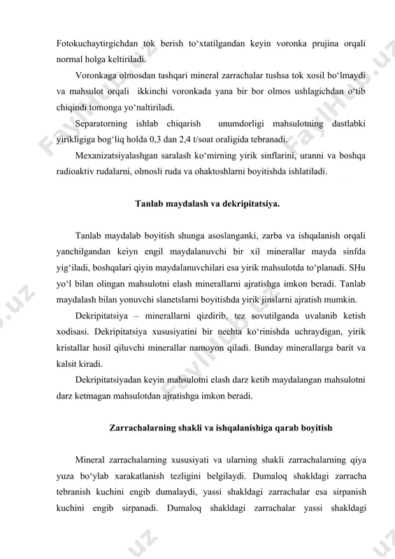 eng qo‘llaniladi. adabiyotlar ro’yhati: 1. abramov a.a., pererabotka, obogaщenie i kompleksnoe ispolzovanie tverdыx poleznыx iskopaemыx. t.1 obogatitelnыe protsessы i apparatы: uchebnik – 2-e izd., stereotip. 2014. 2. abramov a.a., pererabotka, obogaщenie i kompleksnoe ispolzovanie tverdыx poleznыx iskopaemыx. t.2 texnologiya pererabotki i obogaщeniya poleznыx iskopaemыx : uchebnik – 2014. 3. abramov a.a., pererabotka, obogaщenie i kompleksnoe ispolzovanie tverdыx poleznыx iskopaemыx. t.2 texnologiya pererabotki i obogaщeniya poleznыx iskopaemыx : uchebnik – 2014. 4. abramov a.a., texnologiya pererabotki i obogaщeniya rud svetnыx metallov. uchebnoe posobie, v 2 kn. 2015. 5. avdoxin v.m. osnovы obogaщeniya poleznыx iskopaemыx. uchebnik v 2t. – 2016. 6. avdoxin v.m. osnovы obogaщeniya poleznыx iskopaemыx. uchebnik v 2t. – 2006. t2. texnologiya obogaщeniya poleznыx iskopaemыx. 7. arashkevich v.m. osnovы obogaщeniya rud, m., nedra,2019. 8. egorov v.l. osnovы obogaщeniya rud, m., nedra,2016