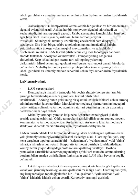 adagi nuqson bo'lsa, unga ulangan stantsiyalar ham ishlashi mumkin emas. bundan tashqari, "yulduz" tipidagi lokal tarmoqni yaratishda ancha uzunlikdagi kabel yo'nalishi talab qilinishi mumkin. "shina". topografiya ma'lumotlariga ishlaydigan stansiyalar orqali parallel ravishda ulangan (asosiy kabel). biroq, ma'lumot talab qilingan ip-manzilga ega bo'lgan faqatgina so'rovchi ma'lumotni oladi. lokal kompyuter tarmog'ini tashkil qilish prinsipining buzilishi, agar bitta kompyuterning orqa miya bilan bog'langanligi muvaffaqiyatsiz bo'lsa, boshqalari muvaffaqiyatsiz bo'ladi. "shina" tipidagi konfiguratsiya har doim korxona talablarining lan ishlash darajasiga javob bera olmasligini hisobga olishi kerak. · "shina". topografiya ma'lumotlariga ishlaydigan stansiyalar orqali parallel ravishda ulangan (asosiy kabel). biroq, ma'lumot talab qilingan ip-manzilga ega bo'lgan faqatgina so'rovchi ma'lumotni oladi. lokal kompyuter tarmog'ini tashkil qilish prinsipining buzilishi, agar bitta kompyuterning orqa miya bilan bog'langanligi muvaffaqiyatsiz bo'lsa, boshqalari muvaffaqiyatsiz bo'ladi. "shina" tipidagi konfiguratsiya har doim korxona talablarining lan ishlash darajasiga javob bera olmasligini hisobga olishi kerak. xalqasimon". bu kompyuterni ketma-ket bir-biriga ulash va bir tomonlama signalni aylantirish …