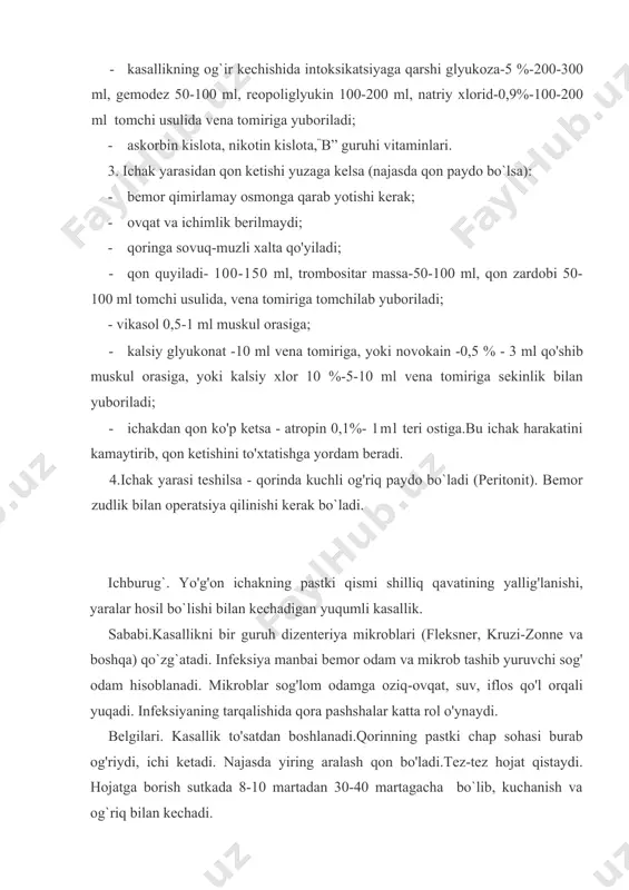 sish, ich ketish bilan kechadigan yuqumli ichak kasalligidir. sababi. kasallik tayyor ovqat mahsulotlari, ayniqsa go'sht, baliq va sut mahsulotlarining salmonella deb ataluvchi mikroblar bilan zararlanishi natijasida yuzaga keladi. belgilari. zararlangan taom iste'mol qilingandan so'ng, bir necha soat o'tgach, bemorda ko'ngil aynishi, qusish, qorinda g`ijimlovchi og'riq paydo bo'ladi, ichi suyuq ketadi. najas suyuq, shilimshiqli va ko'pikli bo'ladi, bemor darmonsizlanadi. tibbiy yordam. 1.zararlangan (eskirgan, aynigan) ovqat iste'mol qilingan bo`lsa, zudlik bilan me`dani yuvish zarur. 2.ichburug'da qo'llanadigan dorilar beriladi. ovqatdan zaharlanish. bu guruhga qusish va ich ketish bilan kechadigan kasalliklar kiradi. sababi. stafilakokk, enterakokk, protey mikroblari bilan zararlangan va kimyoviy moddalar bilan zaharlangan taomlarni iste'mol qilish. belgilari. zararlangan taom, meva, sabzavotlarni iste'mol qilgandan so'ng, bir necha soat o'tgach ko'ngil aynish, qusish, qorinning yuqori sohasida og'riq, tana haroratining ko'tarilishi yuzaga keladi. tibbiy yordam. 1.tez yordam chaqirib, bemor shifoxonaga yuborilishi kerak. 2.tez yordam kelgunicha uzoq vaqt o'tadigan bo'lsa, quyidagi birinchi tibbiy yordam ko'rsatiladi: · me'da …
