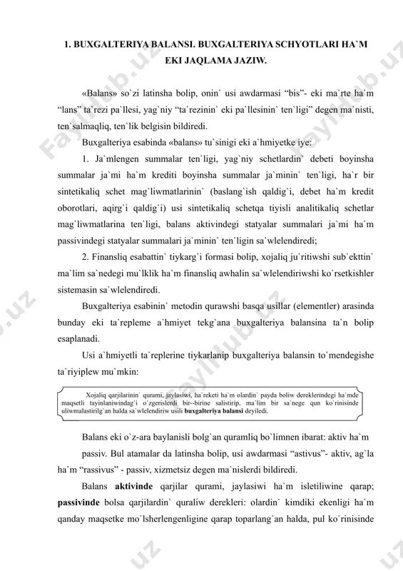 ma`nislerdi bildiredi. balans aktivinde qarjilar qurami, jaylasiwi ha`m isletiliwine qarap; passivinde bolsa qarjilardin` quraliw derekleri: olardin` kimdiki ekenligi ha`m qanday maqsetke mo`lsherlengenligine qarap toparlang`an halda, pul ko`rinisinde ma`lim bir sa`nege sa`wlelendiriledi. balans aktiv ha`m passivi ha`mme waqit o`z-ara ten` boliwi sha`rt. balans aktivi ha`m passivinin` o`z-ara ten`ligi onin` aktivinde de, passivinde de birdey xojaliq qarjilari sa`wlelendiriliwinen kelip shig`adi, biraq aktivte qarjilar qurami, jaylasiwi ha`m isletiliw formasi boyinsha, passivte bolsa quraliw derekleri ha`m maqsetli tayinlaniwi boyinsha sa`wlelendiriledi. aktiv ha`m passivtin` o`z-ara ten`ligi u`lken qadag`alaw a`hmiyetine iye bolip, buxgalteriya jaziwlarinin` tuwrilig`in tekseriw ha`m esabat du`ziwde paydalaniladi. o`zbekstan respublikasinin` “buxgalteriya esabi tuwrisinda”g`i nizami ha`m buxgalteriya esabinin` xaliq-araliq ha`mde milliy standartlarina muwapiq materialliq bayliqlarg`a balansta sa`wlelendirilgende, to`mendegishe bahalanadi: tiykarg`i qurallar (isletilip atirg`anlig`i ha`mde rezervte yamasa konservatsiyada saqlanip atirg`ani) - olardin` qaldiq quni boyinsha; shiyki-zatlar, tiykarg`i ha`m ja`rdemshi materiallar, janilg`ilar, satip aling`an yarim tayar o`nimler ha`m jiynap du`zetiletug`in buyimlar, awisiq bo`lekler, idis ha`m materialliq bayliqlar …