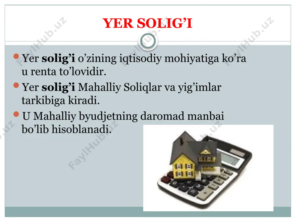 solig’idan quyidagi yuridik shaxslar ozod qilinadi: madaniyat, ta’lim, soglikni saklash, aholini ijtimoiy muxofaza qilish muassasalari; nogironlarning jamoat birlashmalari, «nuroniy» jamg’armasi va «o’zbekiston chernobilchilari» assosiasiyasi mulkida bo’lgan, ishlovchilari umumiy sonining kamida 50 foizini nogironlar, 1941-1945 yillardagi urush va mehnat fronti faxriylari tashkil kilgan yuridik shaxslar, bundan savdo, vositachilik, ta’minot-sotish va tayyorlov faoliyati bilan shug’ullanuvchi yuridik shaxslar mustasno. yangi tashkil etilgan dehqon xo’jaliklari – davlat ro’yxatidan o’tkazilgan paytdan boshlab, ikki yil muddatga; yer solig’i stavkalari. yuridik shaxslardan olinadigan yer solig’i stavkalari prezident qarori bilan tasdiqlanadi. soliq stavkalari tuprok sifatini (bonitetini) hisobga olgan holda belgilanadi. yer resurslaridan yanada samarali foydalanish uchun soliq stavkasi 2009 yilga nisbatan 2010 yilda 1,15 barovarga indeksasiya kilindi, ya’ni 15 foizga oshirildi. 2010 yil uchun belgilangan yuridik shaxslardan olinadigan yer solig’i stavkalarining guruhlanishini quyidagi ma’lumotlardan kurish mumkin: image3.png image4.png image5.png image6.png image7.png image8.png image9.png image10.png /docprops/thumbnail.jpeg