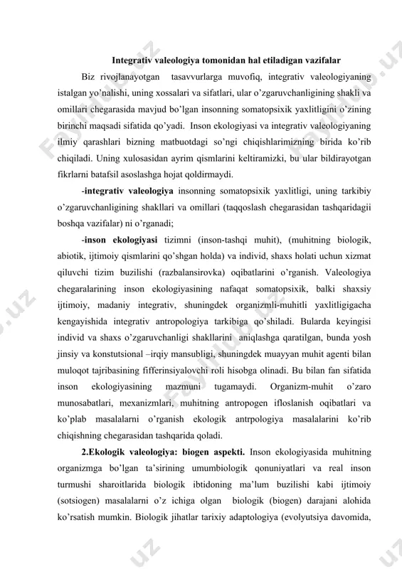 anizm-muhit o’zaro munosabatlari, mexanizmlari, muhitning antropogen ifloslanish oqibatlari va ko’plab masalalarni o’rganish ekologik antrpologiya masalalarini ko’rib chiqishning chegarasidan tashqarida qoladi. 2.ekologik valeologiya: biogen aspekti. inson ekologiyasida muhitning organizmga bo’lgan ta’sirining umumbiologik qonuniyatlari va real inson turmushi sharoitlarida biologik ibtidoning ma’lum buzilishi kabi ijtimoiy (sotsiogen) masalalarni o’z ichiga olgan biologik (biogen) darajani alohida ko’rsatish mumkin. biologik jihatlar tarixiy adaptologiya (evolyutsiya davomida, ch.darven ta’limoti bo’yicha mutatsiya va tabiiy tanlab olinishi mexanizlari ta’siri ostida genetik darajadagi o’zgarishlarda) va ontogenetik adaptologiya (o’zlik fenotipidagi tegishli, lekin naslda turg’un bo’lmagan indivdual adaptatsiya davrida) tarixiy adaptologiya nuqtaiy nazaridan ko’rib chiqilishga molikdir. ushbu ilmiy yo’nalishlarning o’zaro hamkorligi sof inbred tizim liniyalar genetik bir turli jonivorlarda o’tkazilgan tadqiqotlarda o’z aksini topgan. tizimning paydo bo’lishi jonivorlarni ko’p martali yaqin oiladosh chatishtirilishidagi suniy tanlab olish mexanizmlaridan foydalanish bilan bog’liqdir. natijada tizim ichidagi jonivorning shunday katta nasliy bir xilligiga erishiladiki, uni monozigot egizaklarining genetik identikligiga o’xshatish mumkin bo’ladi. inbred jonivorlar modelida organizmning …