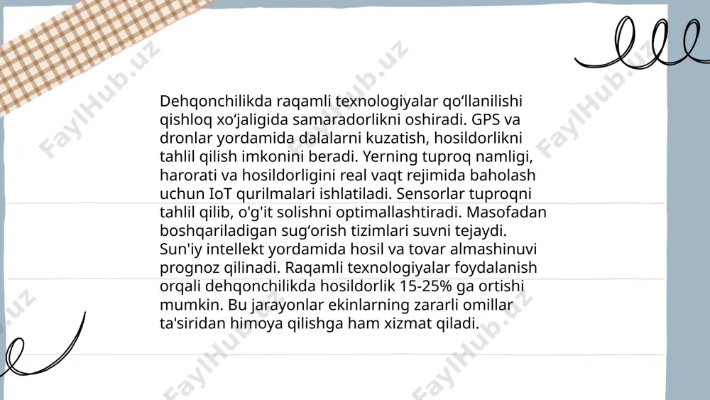 ni 75 million gektarni tashkil etdi. asosiy mahsulotlar orasida don, sabzavotlar, mevalar va sut mahsulotlari bor. jahonda organik oziq-ovqat bozori 2019-yilda qariyb 114 milliard dollarni tashkil etdi. yevropa ittifoqida organik yer ulushi qishloq xo‘jaligi yerlarining 8,5 foiziga teng. o‘zbekiston hukumati 2030-yilgacha organik mahsulotlar ulushini oshirish hamda ushbu sohada innovatsiyalarni joriy qilish rejalashtirmoqda. bu, o‘z navbatida, ekologik toza va sog‘lom mahsulotlar yetishtirishga yordam beradi. ... t.me/slaydai_bot ulgurji savdo va taqsimot tizimlari ko'p miqdordagi mahsulotlarni ishlab chiqaruvchilardan sotib olib, ularni chakana sotuvchilarga yoki yirik iste'molchilarga yetkazib berishga qaratilgan. o'zbekistonda 2022-yilda ulgurji savdo hajmi 406,3 milliard so'mni tashkil etdi. taqsimot tizimlari samarali faoliyat uchun logistika, transport va saqlash jarayonlarini birlashtiradi. mahsulotlar omborlardan 24 soat ichida yetkazilishi mumkin, bu esa tezlik va sifatni oshiradi. so'nggi yillarda onlayn savdo taqsimot tizimlarining yanada rivojlanishiga turtki bermoqda. bu tizimlarda zamonaviy texnologiyalar va raqamli platformalar foydalanish prosessini optimallashtirishga yordam bermoqda. ... t.me/slaydai_bot 10. energiya samaradorligini oshirish energiya samaradorligini …