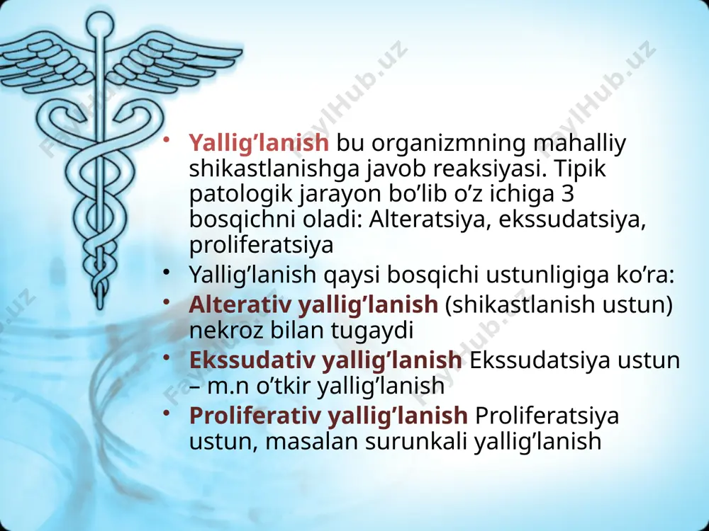 gini oshiradi, qon tomirlarni va bronxlarni kengaytiradi (semiz hujayralardan) davomi… tromboksan a: trombositlar agregatsiyasini oshiradi, qon ivishini oshiradi (trombositlar) prostasiklinlar: trombositlar dezagregatsiyasi, tomirlar kengayadi (semiz hujayralar) interleykinlar: tomirlar o’tkazuvchanligini oshiradi, makrofaglar stimulyatsiytasi o2 no2 tomirlar o’tkazuvchanligini oshiradi, bakteriosid (makrofag) neyropeptidlar va h.k…. gumoral mediatorlar: xagiman faktori aktivlashadi: komplement sistema oqsillari kininlar(bradikinin) qon ivish sistema faktorlari ekssudatsiya - yalliglanish uchogida tomirlar devori utkazuvchanligi kuchayib, konni suyuk kismi va xujayralarni tomirdan tashkariga chikishi ekssudatsiya patogenezi tomirlar o’tkazuvchanligi oshadi kapillyar va venulalarda gidrostatik bosim oshishi yallig’lanish o’chog’ida osmotik va onkotik bosimning oshishi ekssudatsiya jarayon 6 ta boskichdan iborat: 1.kon va limfa almashinuvini buzilishi: 2.tukima va tomir utkazuvchanligini kuchayishi: 3.tomirlar yukidan konning suyuk kismlarini chikishi : 4.emigratsiya 5.fagotsitoz 6.ekssudat va yalliglanishg infiltrati xosil bulishi. ekssudat turlari seroz fibrinoz gemorragik yiringli chirikli aralash image2.png image3.png image1.png /docprops/thumbnail.jpeg