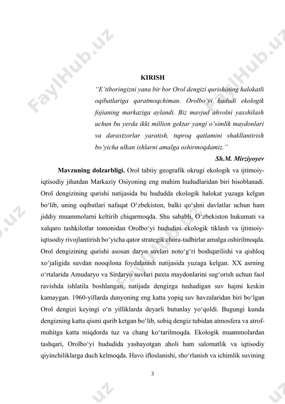 idlandi. “orolbo‘yi ekologik inqirozi asrimizning eng katta fojialaridan biridir. biz bu hududni tiklash va unda yashovchi aholiga munosib sharoit yaratish uchun xalqaro hamjamiyat bilan birgalikda sa’y-harakatlar olib bormoqdamiz”, deya ta’kidladi prezident. bugungi kunda orolbo‘yi mintaqasini ekologik va iqtisodiy jihatdan rivojlantirish maqsadida xalqaro tashkilotlar bilan hamkorlikda yirik loyihalar amalga oshirilmoqda. bmt, jahon banki, yevropa ittifoqi va boshqa tashkilotlar o‘zbekiston bilan hamkorlikda “yashil orol” loyihasini yo‘lga qo‘ygan bo‘lib, bu loyiha doirasida orolbo‘yining qurigan hududlarida o‘rmonzorlar yaratish, iqlimga chidamli ekinlar ekish, suv resurslaridan samarali foydalanish va ekologik muammolarni kamaytirish choralari ko‘rilmoqda. orol tabiiy geografik okrugi nafaqat ekologik, balki iqtisodiy va ijtimoiy jihatdan ham markaziy osiyo va butun dunyo uchun dolzarb mavzulardan biri hisoblanadi. ushbu hududning barqaror rivojlanishi uchun ekologik tiklash ishlari, zamonaviy texnologiyalarni joriy etish va aholining yashash sharoitlarini yaxshilash ustuvor yo‘nalishlar sifatida belgilangan. bu borada o‘zbekiston hukumati va xalqaro hamjamiyatning sa’y-harakatlari kelajakda mintaqani yanada barqaror va yashash uchun qulay hududga aylantirishga xizmat …