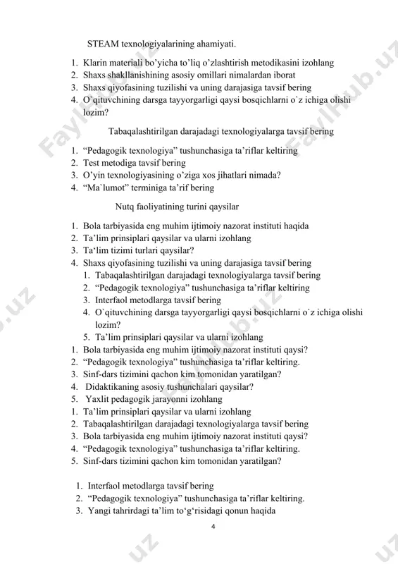 ring nutq faoliyatining turini qaysilar 1. bola tarbiyasida eng muhim ijtimoiy nazorat instituti haqida 2. ta’lim prinsiplari qaysilar va ularni izohlang 3. ta‘lim tizimi turlari qaysilar? 4. shaxs qiyofasining tuzilishi va uning darajasiga tavsif bering 1. tabaqalashtirilgan darajadagi texnologiyalarga tavsif bering 2. “pedagogik texnologiya” tushunchasiga ta’riflar keltiring 3. interfaol metodlarga tavsif bering 4. o`qituvchining darsga tayyorgarligi qaysi bosqichlarni o`z ichiga olishi lozim? 5. ta’lim prinsiplari qaysilar va ularni izohlang 1. bola tarbiyasida eng muhim ijtimoiy nazorat instituti qaysi? 2. “pedagogik texnologiya” tushunchasiga ta’riflar keltiring. 3. sinf-dars tizimini qachon kim tomonidan yaratilgan? 4. didaktikaning asosiy tushunchalari qaysilar? 5. yaxlit pedagogik jarayonni izohlang 1. ta’lim prinsiplari qaysilar va ularni izohlang 2. tabaqalashtirilgan darajadagi texnologiyalarga tavsif bering 3. bola tarbiyasida eng muhim ijtimoiy nazorat instituti qaysi? 4. “pedagogik texnologiya” tushunchasiga ta’riflar keltiring. 5. sinf-dars tizimini qachon kim tomonidan yaratilgan? 1. interfaol metodlarga tavsif bering 2. “pedagogik texnologiya” tushunchasiga ta’riflar keltiring. 3. yangi tahrirdagi …