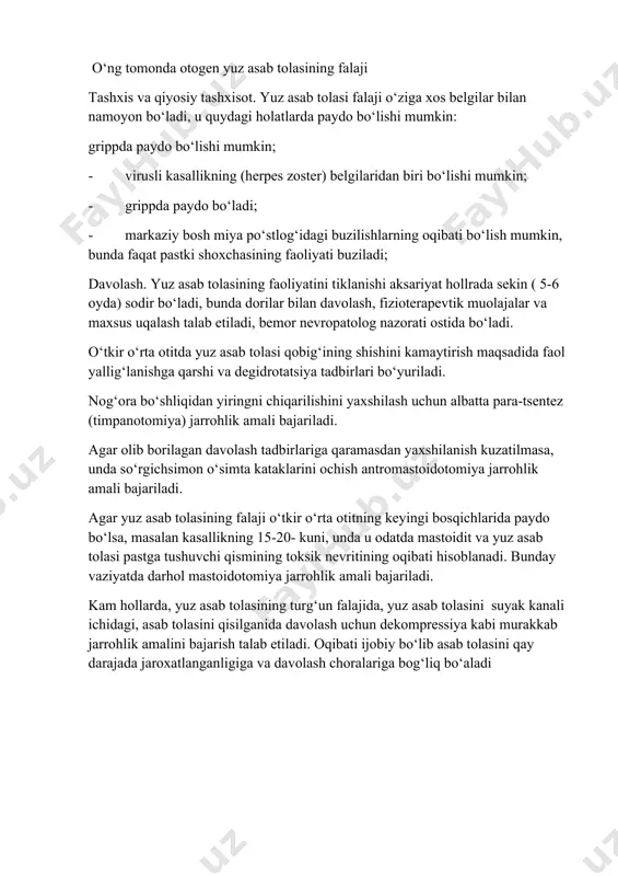 o‘ladi (tinch sharoitiga qaraganda shovqinli sharoitda nutqni yaxshiroq eshitish xodisasi) (o‘zangi asab tolasi). o‘ng tomonda otogen yuz asab tolasining falaji tashxis va qiyosiy tashxisot. yuz asab tolasi falaji o‘ziga xos belgilar bilan namoyon bo‘ladi, u quydagi holatlarda paydo bo‘lishi mumkin: grippda paydo bo‘lishi mumkin; - virusli kasallikning (herpes zoster) belgilaridan biri bo‘lishi mumkin; - grippda paydo bo‘ladi; - markaziy bosh miya po‘stlog‘idagi buzilishlarning oqibati bo‘lish mumkin, bunda faqat pastki shoxchasining faoliyati buziladi; davolash. yuz asab tolasining faoliyatini tiklanishi aksariyat hollrada sekin ( 5-6 oyda) sodir bo‘ladi, bunda dorilar bilan davolash, fizioterapevtik muolajalar va maxsus uqalash talab etiladi, bemor nevropatolog nazorati ostida bo‘ladi. o‘tkir o‘rta otitda yuz asab tolasi qobig‘ining shishini kamaytirish maqsadida faol yallig‘lanishga qarshi va degidrotatsiya tadbirlari bo‘yuriladi. nog‘ora bo‘shliqidan yiringni chiqarilishini yaxshilash uchun albatta para-tsentez (timpanotomiya) jarrohlik amali bajariladi. agar olib borilagan davolash tadbirlariga qaramasdan yaxshilanish kuzatilmasa, unda so‘rgichsimon o‘simta kataklarini ochish antromastoidotomiya jarrohlik amali bajariladi. agar yuz …