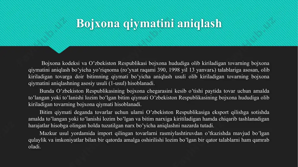 tli ichimliklar va sigaretlar: bojxona qoidalariga binoan, bааga bir voyaga yetgan kishi hisobidan 2000 dona sigaret yoki 400 dona sigara, yoki 2 kg tamaki, zarur miqdorda parfyumeriya mahsulotlari olib kirish mumkin. bundan tashqari, musulmon diniga mansub boʼlmagan voyaga yetgan shaxs oʼzi bilan 2 litr oʼtkir spirtli ichimlik va 2 litr vino olib kirishga haqli. xulosa ushbu mustaqil prezentatsiyani tayyorlash davomida bojxona organlari, ularning huquq va majburiyatlari, ular tomonidan ishlab chiqilgan qonunlar, normativ hujjatlar va eng muhimi bojxona organlariga oid zaruriy bilimlarga ega bo’ldim va umid qilamanki ushbu bilimlarim bilan kelajakda bojxona sohasini yanada rivojlantirishga o’z hissamni qo’shaman. prezentatsiyada asosiy urg’u raqamlarga va faktlarga berildi sababi bojxona sohasi aniq son, qiymat bilan ishlagani uchun va bu qiymatlar asosiy figura hisoblangani uchun. foydalanilgan adabiyotlar: o’zbekiston respublikasi konstitusiyasi; “davlat bojxona hizmati” to’g’risidagi o’zbekiston respublikasi qonuni; internet saytlar: my.gov.uz lex.uz google.com image2.jpg image3.jpeg image4.jpg image5.jpg image6.jpg /docprops/thumbnail.jpeg