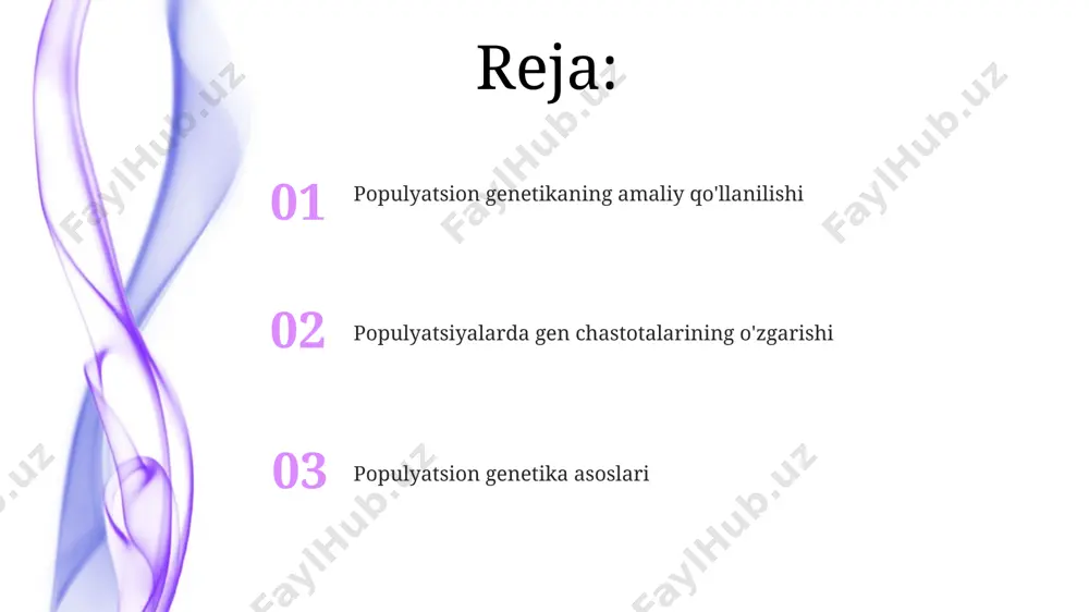 nilishi populyatsion genetika yordamida 1000 dan ortiq genetik kasalliklarni aniqlash va prognoz qilish mumkin, bu erda allel chastotalarining o'zgarishi muhim rol o'ynaydi. inson populyatsiyalarining genetik xilma-xilligini o'rganish orqali, 5 dan ortiq etnik guruhlarning kelib chiqishi va migratsiya tarixini aniqlash mumkin. mutatsiya va gen oqimi tabiiy tanlanish bilan birga, mutatsiya va gen oqimi populyatsiyaning genetik tuzilmasini 0.1 dan 1% gacha o'zgartirib, adaptatsiyani ta'minlaydi va genetik xilma-xillikni saqlab qoladi. gen oqimi populyatsiyalar orasidagi allellar almashinuvi bo'lib, masalan, 5% migratsiya darajasi ham ikki populyatsiyaning genetik farqini sezilarli darajada kamaytirishi mumkin. tabiiy tanlanish va genetik drift tabiiy tanlanish kuchi 0.1 dan 1 gacha bo'lgan seleksiya koeffitsiyenti bilan o'lchanadi va populyatsiyada allellar chastotasini sezilarli darajada o'zgartirishi mumkin. genetik drift kichik populyatsiyalarda (masalan, 50 ga yaqin shaxs) allel chastotasining tasodifiy o'zgarishiga olib keladi, bu esa ba'zi allellar yo'qotilishiga olib kelishi mumkin. e'tiboringiz uchun rahmat @taqdimot_robot image4.jpg image5.jpg image6.jpg image7.jpg image8.jpg image9.jpg image10.jpg image1.jpeg image2.jpeg image3.jpeg
