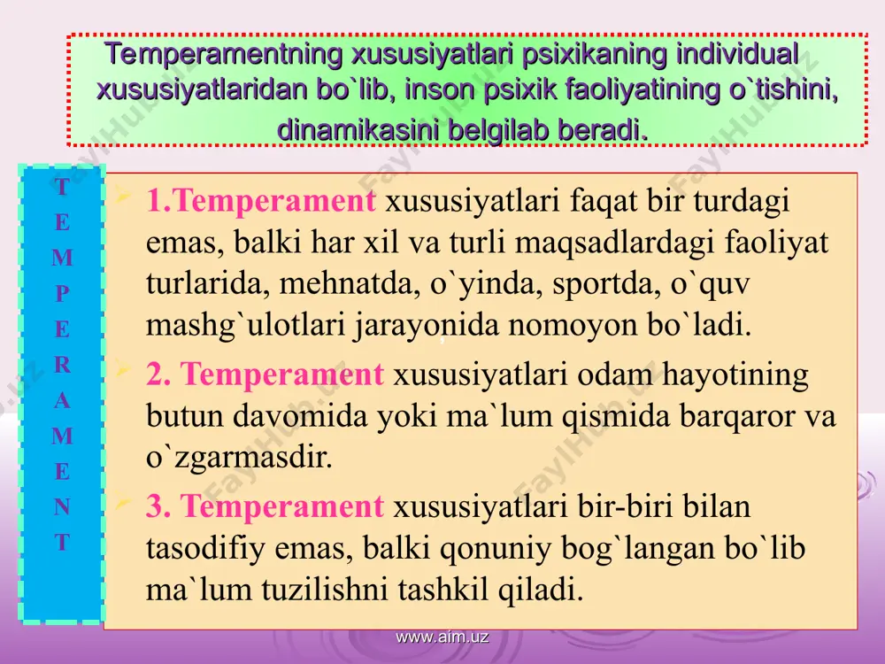 .uz www.aim.uz temperament www.aim.uz temperament flegmatik melanxolik sangvinik xolerik www.aim.uz xolerik temperament – hissiyotning tez va kuchli qo‘zg‘aluvchanligi, barqaror bo‘lishi bilan farq qiladi. xolerik temperamentli kishilarning hissiyotlari ularning imo-ishoralarida, mimikalarida, harakatlari va nutqlarida yaqqol ko‘rinib turadi. xoleriklar qizg‘inlik va tajanglikka moyil bo‘ladilar. bunday temperamentli kishilar chaqqon, umuman harakatchan, serg‘ayrat va har doim urinuvchan bo‘ladilar. juda g`ayratli, ishga juda ehtiros bilan berilish qobiliyatiga ega bo`lgan, tez va shiddatli, qizg`in emosional "portlash" va kayfiyatning keskin o`zgarishlariga moyil, ildam harakatlar qiladigan kishi xolerik deb ataladi www.aim.uz xolerik temperament www.aim.uz www.aim.uz xolerik temperament bu xil temperamentli bolalar serg‘ayrat bo‘ladilar. ular bir ishga tez kirishadigan va boshlagan ishini oxiriga yetkazadigan bo‘ladilar. ular ko‘pchilik bilan jamoa o‘yinlar o‘tkazishni sevadilar va bunday o‘yinlarni ko‘pincha o‘zlari boshlab, oxirigacha faol qatnashadilar. xolerik temperamentli bolalar arazchan, serjahl va tajang bo‘ladilar. bir narsadan xafa bo‘lsalar, bu xafalik ularda uzoq saqlanadi. ulardagi kayfiyat ancha barqaror va davomli bo‘ladi www.aim.uz холерик кучли ҳаракатчан …