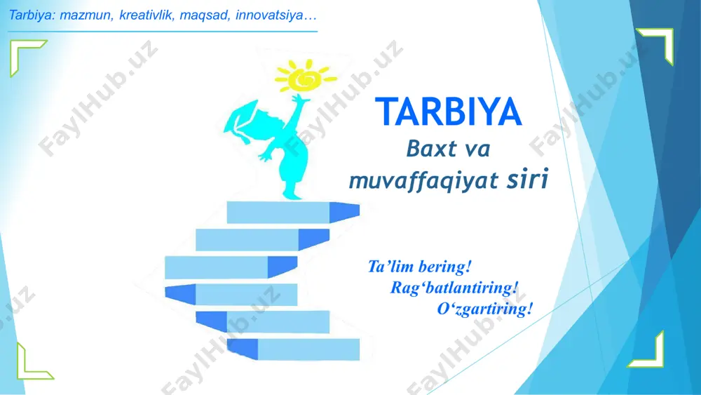 shning umumiy darajasi standart darajalari ta’lim bosqichi darajalarning nomlanishi ✓ orzu nimaligini anglay oladi; ✓ maqsadini aniq qo‘ya oladi va amalga oshirishga intiladi; ✓ tanqidiy tafakkurga ega bo‘ladi; ✓ mas’uliyatni anglaydi; ✓ hamkorlik qila oladi; ✓ axloq qoidalariga ega bo‘ladi; ✓ to‘g‘ri harakatlarga amal qiladi va qo‘llab-quvvatlaydi; ✓ jarayonlarda tashabbus ko‘rsatadi; ✓ o‘z-o‘zini rivojlantiradi; ✓ faoliyatini tahlil qila oladi; ✓ atrof-muhitga oqilona munosabatda bo‘la oladi; a 2 4-sinf bitiruvchisi «tarbiya» fani bo‘yicha bitiruvchilarga qo‘yiladigan malaka talablari yangi darslikning avvalgilaridan farqi nimada ? ✓vatanparvarlik va faol fuqarolik pozitsiyasi shakllanadi; ✓o‘quvchining mustaqil faoliyatini qo‘llab-quvvatlaydi; ✓ liderlik, tanqidiy fikrlash, mustaqil o‘rganish, hamkorlikda ishlash kabi ko‘nikmalar shakllantiriladi; ✓ motivatsiya beradi va o‘z ustida ishlashga yo‘naltiradi; ✓ko‘nikmalar shakllantiriladi; ✓mavzular amaliyotga yo‘naltirilgan; ✓tadbirkorlik, muvaffaqiyatga intilish motivlarini rivojlantiradi; xorijiy tajriba buyuk britaniya baa hindiston yaponiya singapur “axloq taʼlimi” “feʼl-atvor va fuqarolik taʼlimi” “tafakkur”, “xulq taʼlimi” tarbiya fanini o‘qitish bosqichma-bosqich joriy qilinadi: 2020-2021-o‘quv yilida 1-9-sinf tarbiya fani 1 …