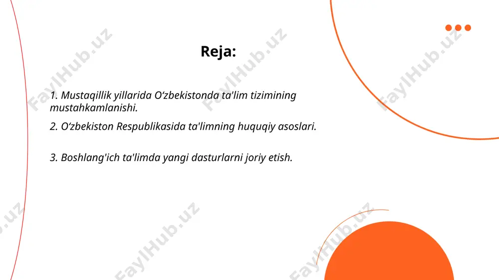 langan. oʻzbekiston respublikasi konstitutsiyasining 41-moddasida har bir fuqaro bilim olish huquqiga ega ekanligi qayd etilgan. ta'lim toʻgʻrisidagi qonunning 1997-yil 29-avgustda qabul qilinishi bilan ta'lim tizimi uchun yangi huquqiy asoslar belgilandi. shuningdek, 2019-yil 23-sentyabrda yangi tahrirdagi "ta'lim toʻgʻrisida"gi qonun qabul qilinib, unda ta'limning barcha bosqichlari va shakllariga oid yangilangan huquqiy normalar kiritildi. ushbu qonun mamlakatda umumiy oʻrta ta'lim, oʻrta maxsus, kasb-hunar ta'limi, oliy ta'lim va maktabdan tashqari tashkilotlar faoliyatini tartibga soladi. ta'lim olishning uzluksizligi va izchilligi qonuniy himoya ostida. ... t.me/slaydai_bot boshlang‘ich ta'limda yangi dasturlarni joriy etish jarayoni o‘zbekistonda 2021-yildan boshlab sezilarli rivojlanishga erishdi. 2022-yilda o‘qitish sifatini oshirish uchun 5000 dan ortiq maktab yangi texnologiyalar bilan jihozlandi. dastur doirasida 10 mingdan ortiq o‘qituvchi malaka oshirish kurslarini o'tdi. yangi dasturlar ta'lim mazmunini boyitishga qaratilgan bo‘lib, matematika, o‘qish va boshqa asosiy fanlar bo‘yicha interaktiv metodlarni o‘z ichiga oladi. 2023-yilda boshlang‘ich maktablarning 60 foizida yangi dasturlar to‘liq joriy etildi. ta'lim vazirligi tomonidan ajratilgan byudjet …