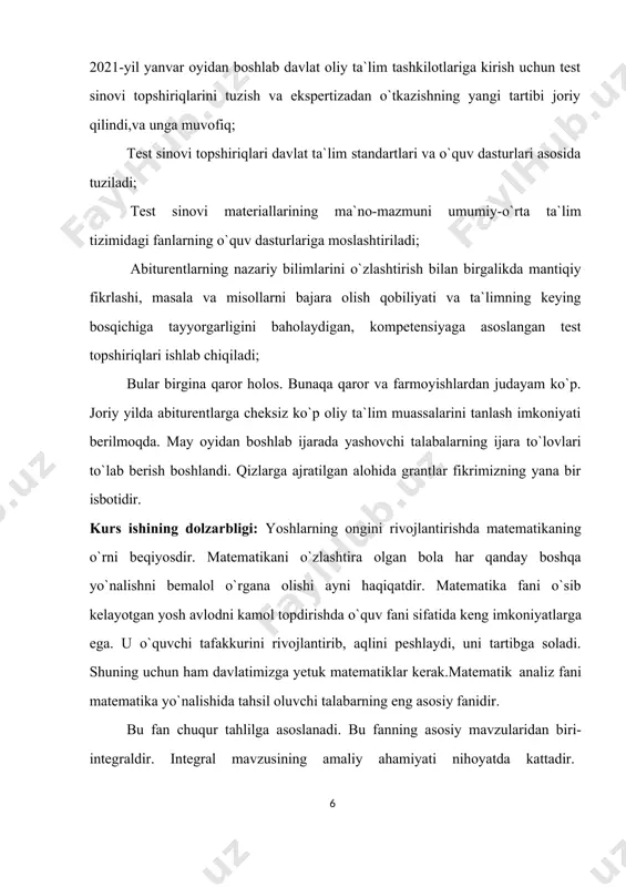qiymat holi shunga o‘xshash isbotlanadi. ferma teoremasi sodda geometrik ma’noga ega. 1-chizma funksiya grafigiga (c;f(c)) nuqtada o‘tkazilgan urinmaning ox o‘qiga paralell bo‘lishini ifodalaydi ( 1-chizma). eslatma. ichki s nuqtada f’(s)=0 bo‘lsa ham bu nuqtada f(x) funksiya eng katta (eng kichik) qiymatni qabul qilmasligi mumkin. masalan, f(x)=2x3-1, x(-1;1) da berilgan bo‘lsin. bu funksiya uchun f’(0)=0 bo‘ladi, lekin f(0)=-1 funksiyaning (-1;1) dagi eng katta yoki eng kichik qiymati bo‘lmaydi. roll teoremasi teorema.(roll teoremasi). agar f(x) funksiya [a;b] kesmada aniqlangan bo‘lib, quyidagi 1) [a;b] da uzluksiz; 2) (a;b) da differensiallanuvchi; 3) f(a)= f(b) shartlarni qanoatlantirsa, u holda f’(c)=0 bo‘ladigan kamida bitta c (a m, bu holda teoremaning f(a)=f(b) shartidan funksiya m yoki m qiymatlaridan kamida birini [a,b] kesmaning ichki nuqtasida qabul qilishi kelib chiqadi. aniqlik uchun f(c)=m bo‘lsin. eng kichik qiymatning ta’rifiga ko‘ra x[a,b] uchun f(x)f(c) tengsizlik o‘rinli bo‘ladi. endi f’(c)=0 ekanligini ko‘rsatamiz. teoremaning ikkinchi shartiga ko‘ra f(x) funksiya (a;b) intervalning har bir …