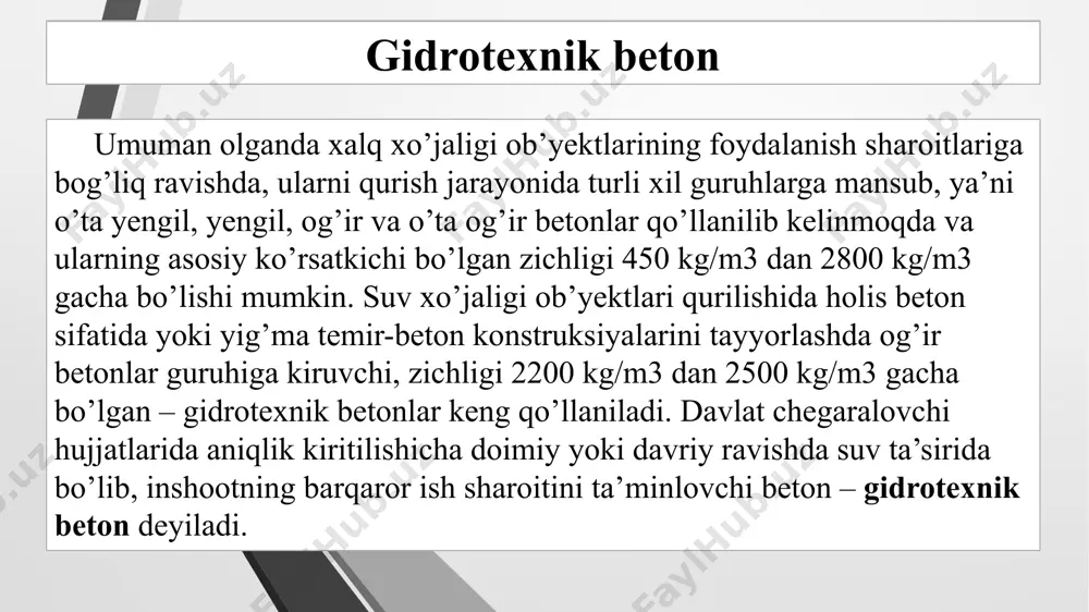 200, mrz300, mrz400, mrz500, sonlar beton namunasini muzlatib–eritish sikllar sonini bildiradi va shunda beton namunasi o’zining 15% dan ortiq mustahkamligini yuqotmasligi kerak; - tanasidan suv o’tkazmasligi bo’yicha, v2, v4, v6, v8, v10, v12 sonlar 0,2; 0,4; 0,6; 0,8; 1,0; 1,2 mpa suvning gidravlik bosimiga to’g’ri keladi va ular ta’sirida beton namunasidan suv sizib chiqishi kuzatilmaydi. gidrotexnik beton gidrotexnik beton tayyorlash betonning yuqorida aytilgan asosiy hossalari o’zaro bir-biriga bog’liq bo’lib, ular bo’yicha suv xo’jaligi ob’yektlari konstruksiyalarini loyihalash jarayonida, inshootning ishlash sharoiti, unga ta’sir qiladigan turli xil kuchlar va tabiiy-iqlim sharoitlarini inobatga olgan holda beton markalari belgilanadi. gidrotexnik beton texnologiya nuqtai nazardan qaraganda betonning e’tiborli hususiyatlaridan biri uning qo’zgaluvchanligi hisoblanadi va qorishmaning qulay yotqizilishini belgilaydi. betonning ushbu hossasi asosan uning tarkibidagi suv-sement nisbatiga, qorishma tarkibiga aralashtiriladigan yumshatuvchi qo’shimchalarga va qo’llaniladigan sement faolligi bo’yicha ajralib chiqadigan issiqlik energiyasiga bog’liq bo’ladi. gidrotexnik beton tayyorlashda qo’llaniladigan mashina va uskunalar beton qorishmasini tayyorlash bo’yicha amalga oshiriladigan …