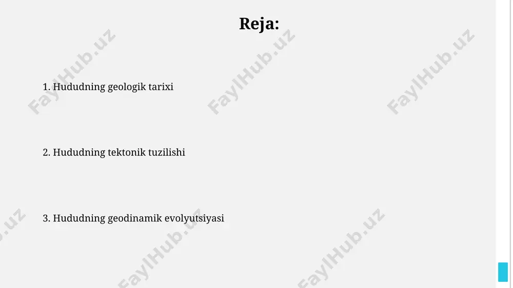 rkaziy qismidagi granit intruzivlari atrofida, 5-10 kilometr radiusda, kontakt metamorfizm ta'sirida o'zgargan marmar va kvartsitlar mavjud. falalar va yoriqlar sistemasining xususiyatlari геофизик тадқиқотлар худуднинг жанубий қисмида 500 метр чуқурликдаги силжишлар ва деформациялар зонасини аниқлади, бу ерда тоғ жинслларининг қатламланиши бузилиши кузатилган. худуддаги тектоник фаолликнинг кучайиши натижасида 10-15 км чуқурликдаги ер қобиғидаги шимолий-ғарбий йўналишдаги катта кенгликдаги яриқлар тизими пайдо бўлган. yer osti suvlarining geologiyasi yer osti suvlarining chuqurligi yer osti suv havzalari taxminan 100-500 metr chuqurlikda joylashgan bo'lib, hududning tektonik tuzilishi suvning tarqalishini belgilaydi. hududning g'arbiy qismida paleozoy davri cho'kindi jinslarida minerallashgan yer osti suvlarining mavjudligi 25% gacha yetishi mumkin. mezozoi davri jinslari hududning markaziy qismida topilgan mezozoy davriga oid jinslar, jura davriga mansub boʻlib, ammonit va belemnit qoldiqlari bilan boyitilgan. mezozoy davri jinslari hududning gʻarbiy qismida, taxminan 150 million yil avval, qalinligi 200 metrga yetadigan qumtoshlar va ohaktoshlardan tashkil topgan. hududning tektonik joylashuvi ҳудуднинг тектоник картасида камида 5 та асосий …
